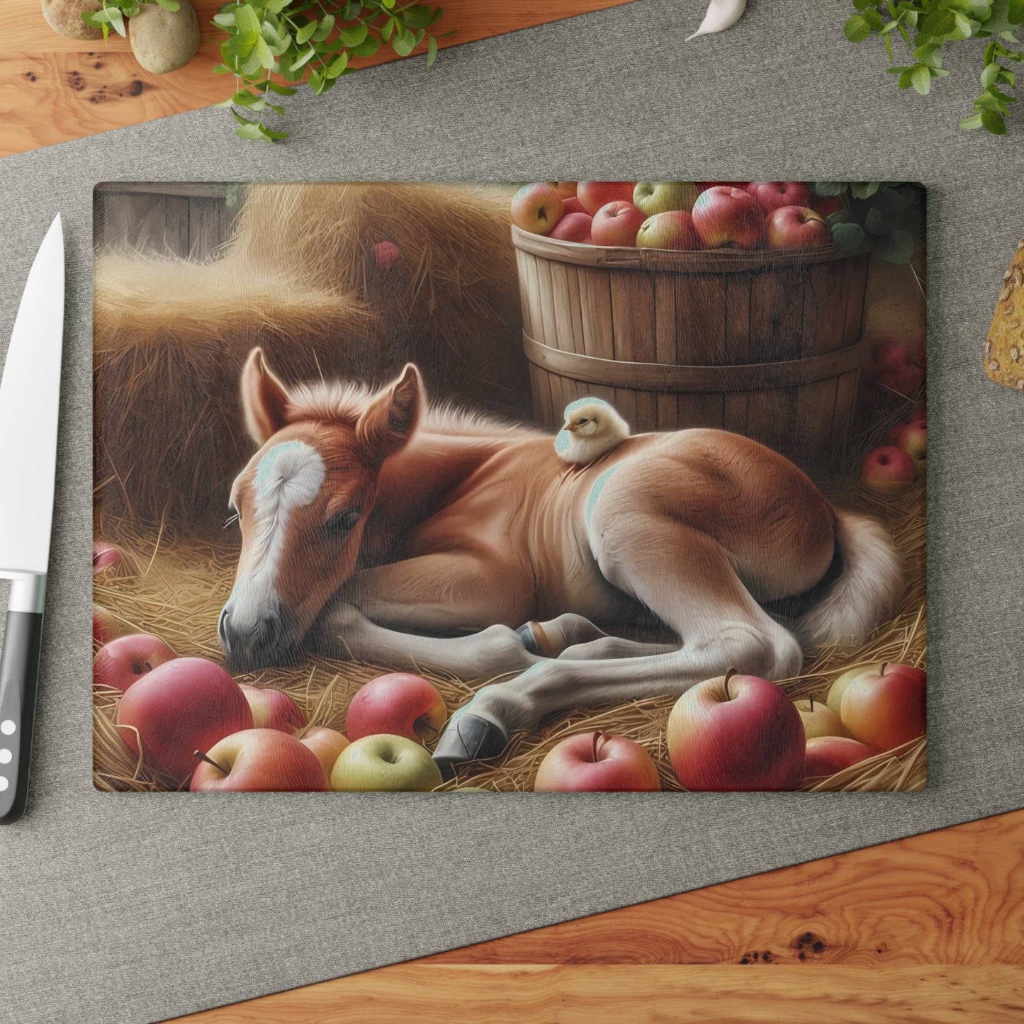 Tabla de cortar - Diseño de potro y pollito con manzanas, regalo único, tabla de cortar de vidrio, tabla de charcutería, tabla de cortar personalizada