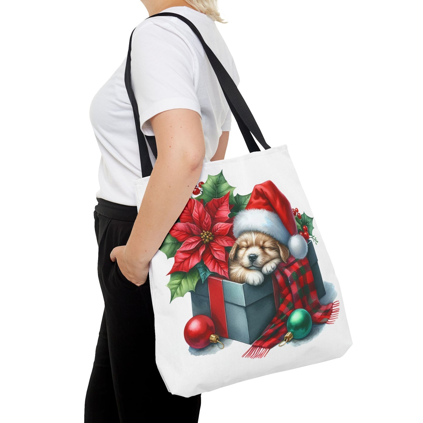 🎁 Sleeping Puppy in Gift Box Christmas Tote – Cozy Holiday Charm for Dog Lovers 🐾