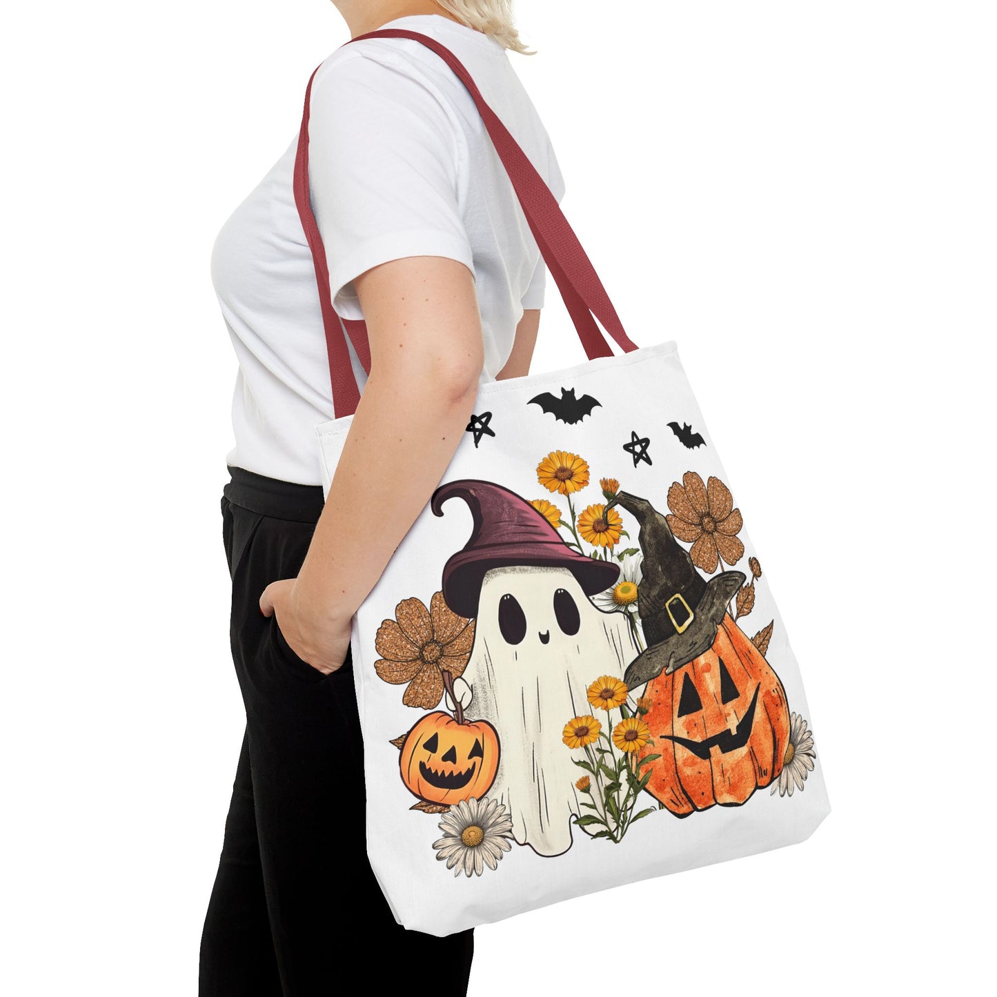 🎃 Ghost & Pumpkin Floral Tote Bag – Whimsical Halloween Charm 👻👜