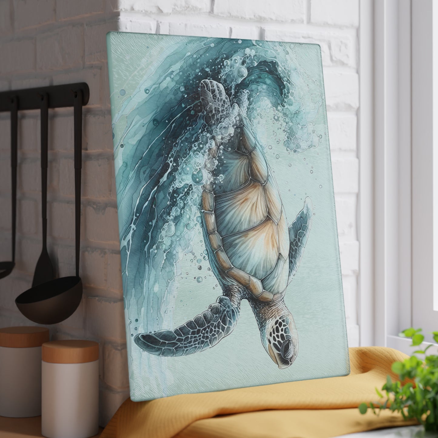 Tabla de cortar Ocean Rider con diseño de tortuga marina: elegancia costera y serena para tu cocina
