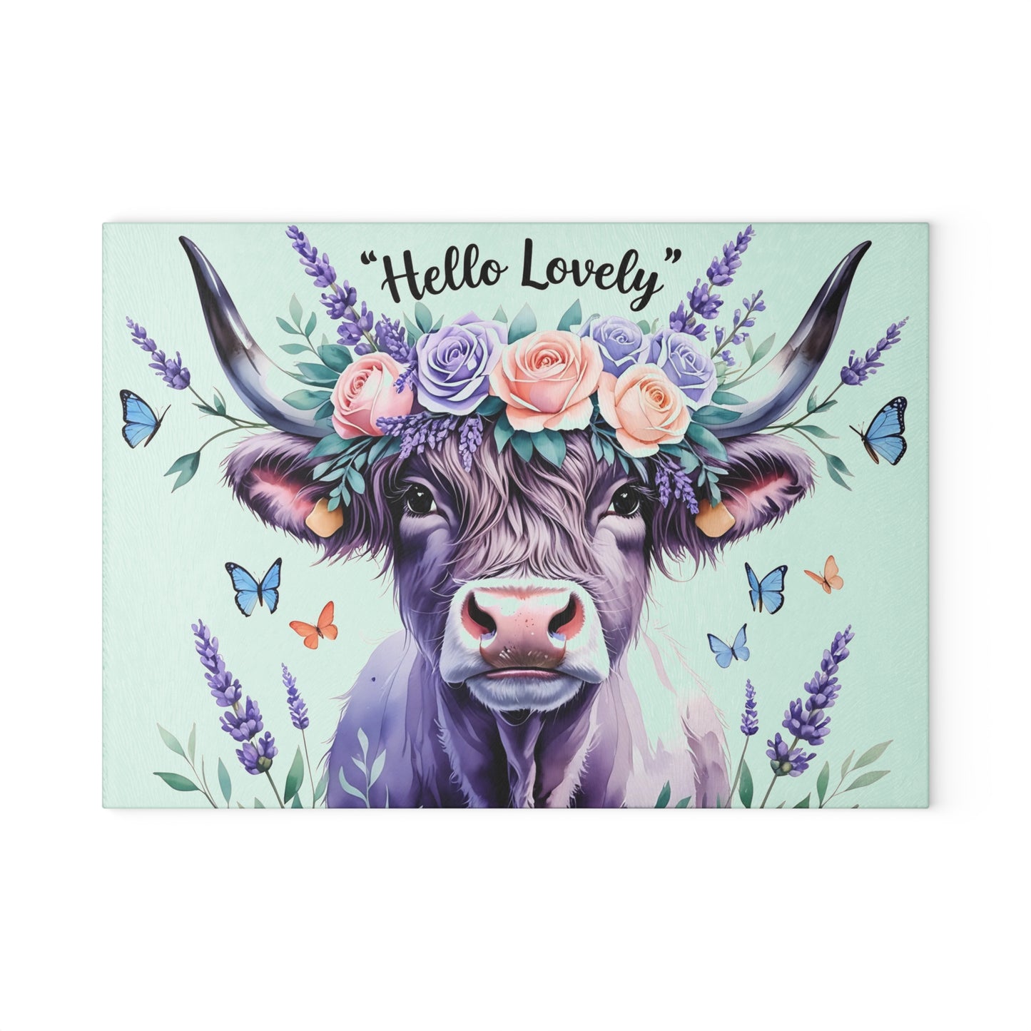 🐮 “Hello Lovely” Highland Cow Cutting Board – Floral Charm Meets Farmhouse Style