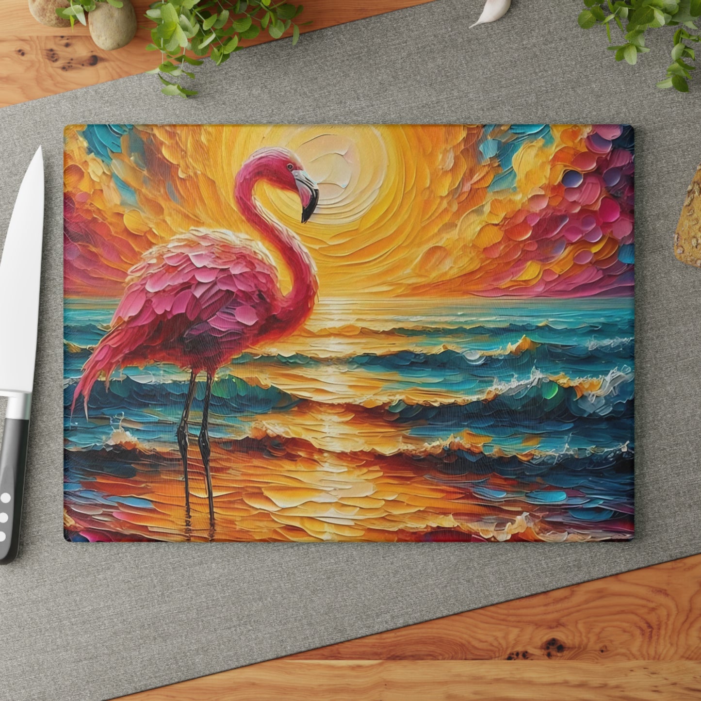 Tabla de cortar - Tabla de cortar de vidrio templado con diseño de flamenco rosa y atardecer en la playa, tabla de charcutería, tabla de cortar, regalo de inauguración de la casa, tabla de cortar personalizada, rústica