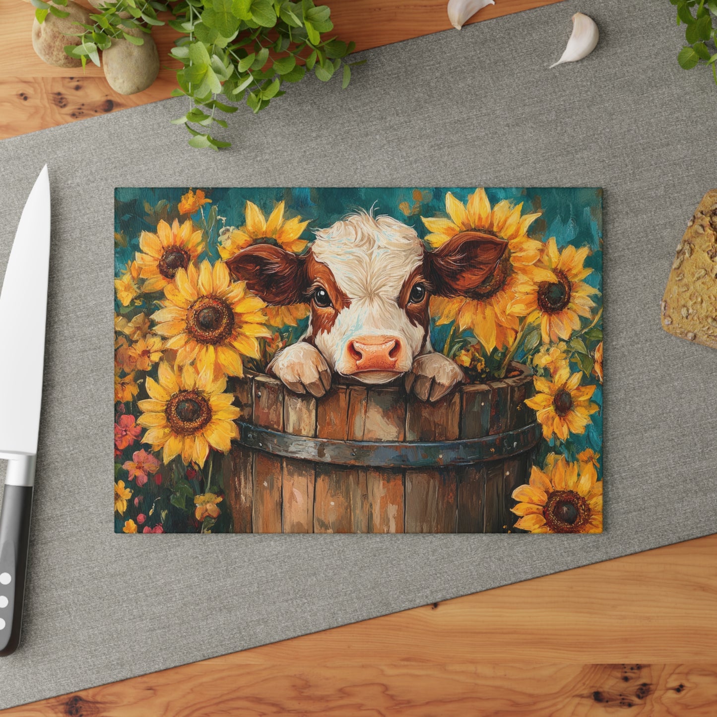 🌻🐄 Rustic Sunflower Calf Cutting Board – Country Charm Meets Timeless Elegance 🌾✨