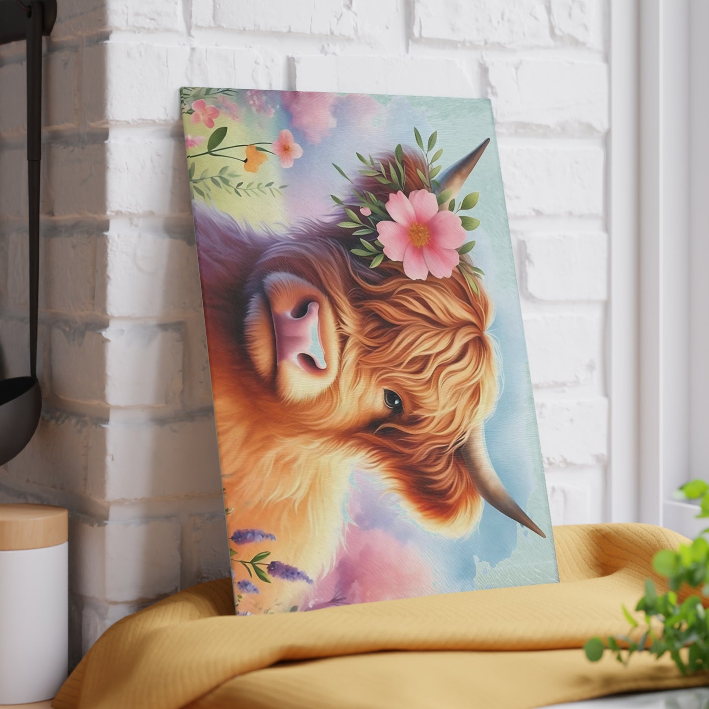 🐮 Highland Cow with Floral Crown – Rustic Farmhouse Glass Cutting Board