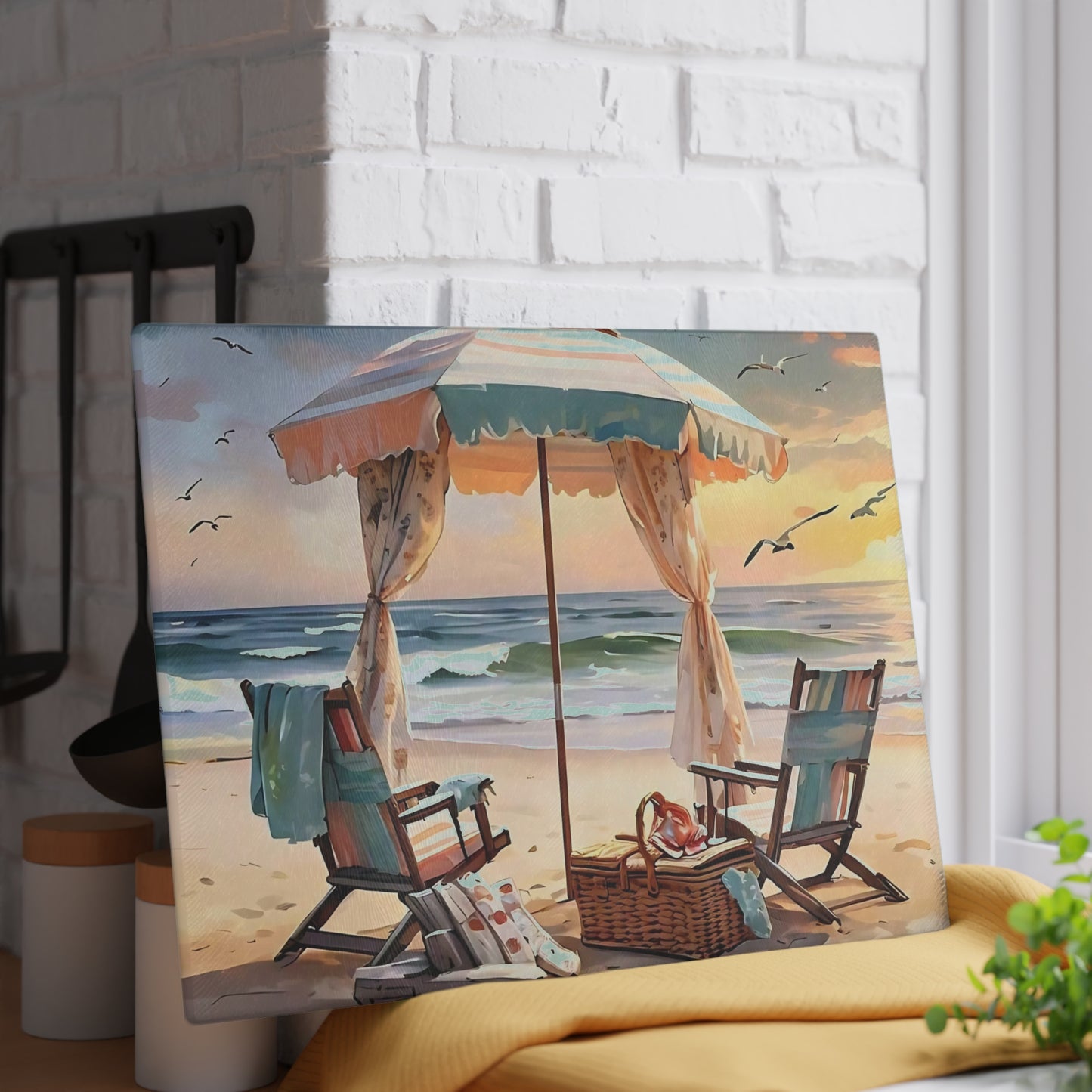 Beach Cutting Board, Coastal Decor, Ocean Art, Beach Gift, Glass Cutting Board, Tropical Kitchen Decor, Hand-Painted Look, Beach Scene
