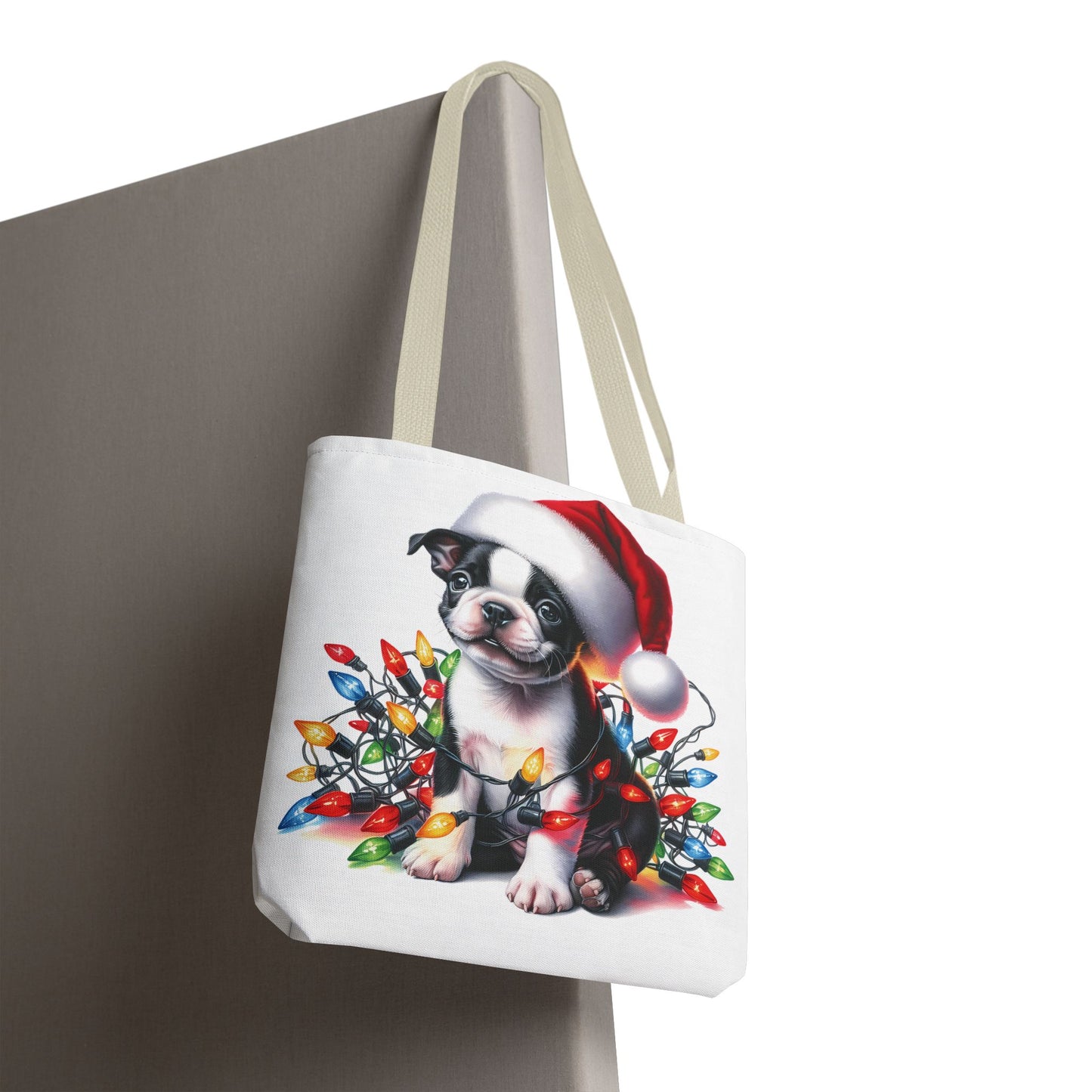 👜 Boston Terrier Christmas Lights Tote Bag – Holiday Sparkle Meets Puppy Love 🎄