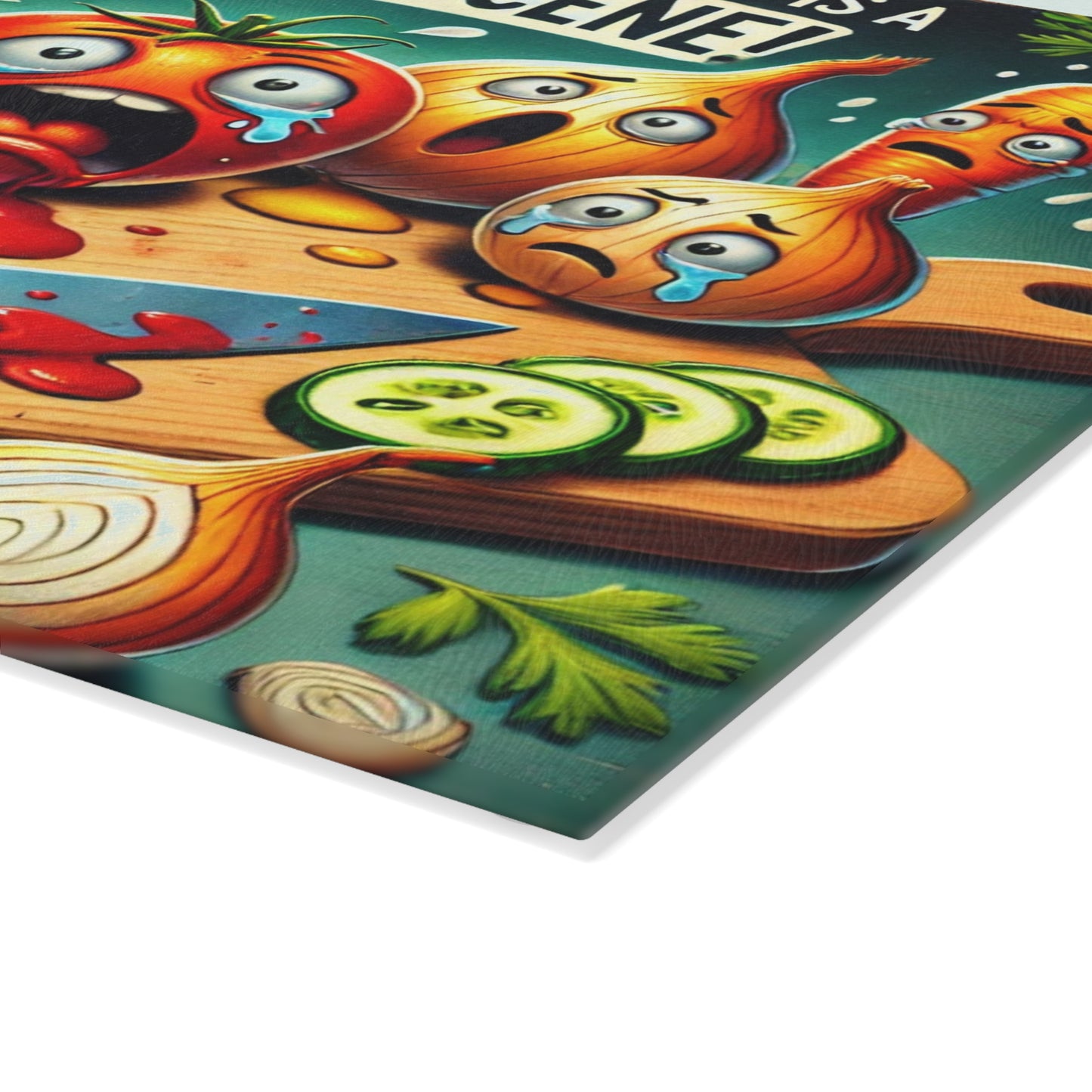 Kitchen Crime Scene Glass Cutting Board – Screaming Vegetables, Bread & Salami Funny Kitchen Decor