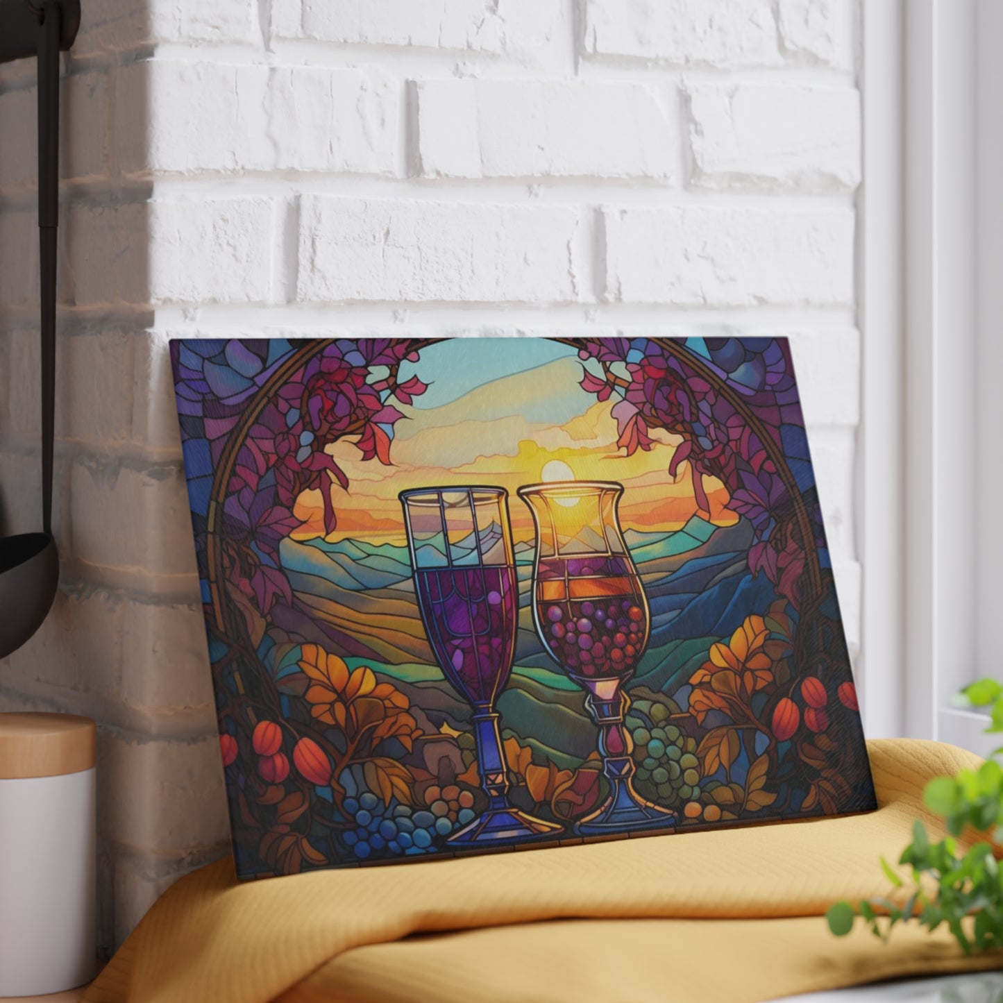 Tabla de cortar de vidrio templado con copas de vino de colores – Diseño Sunset Vineyard