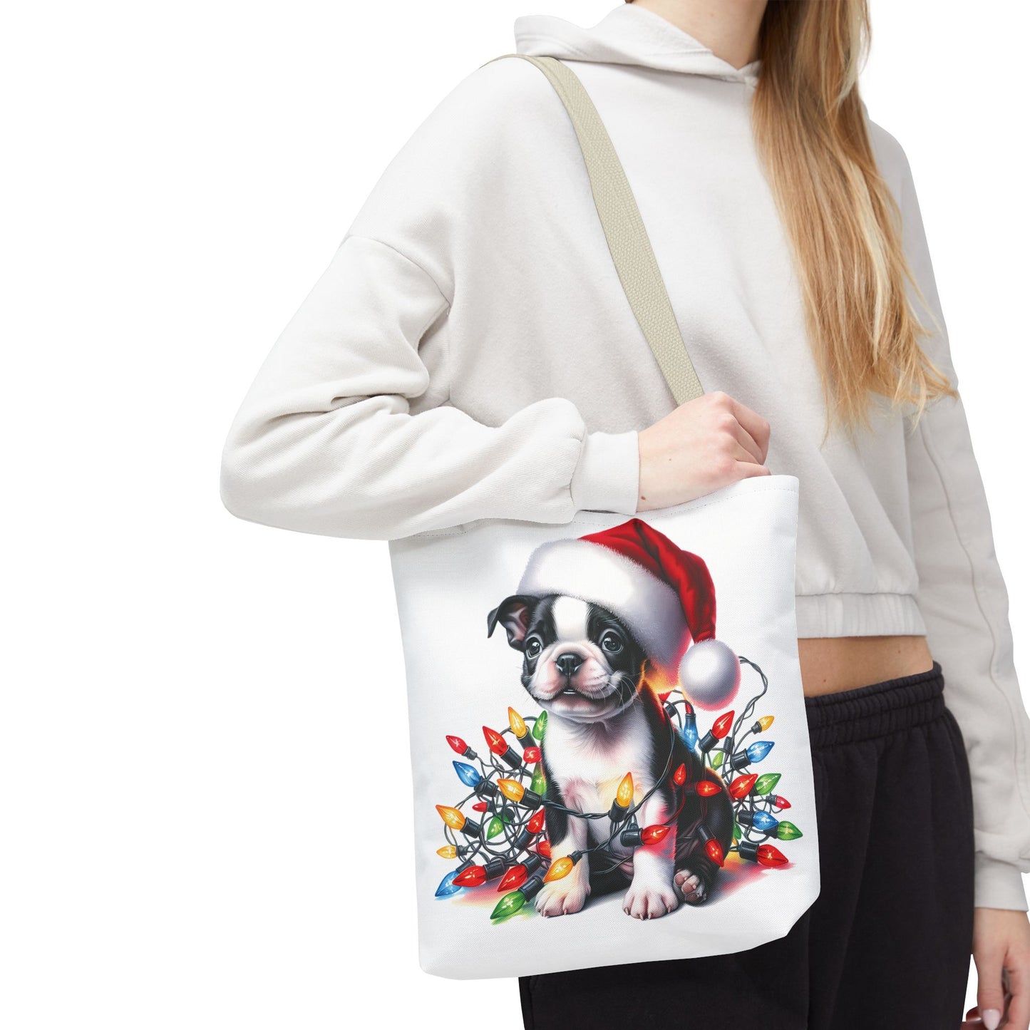 👜 Boston Terrier Christmas Lights Tote Bag – Holiday Sparkle Meets Puppy Love 🎄