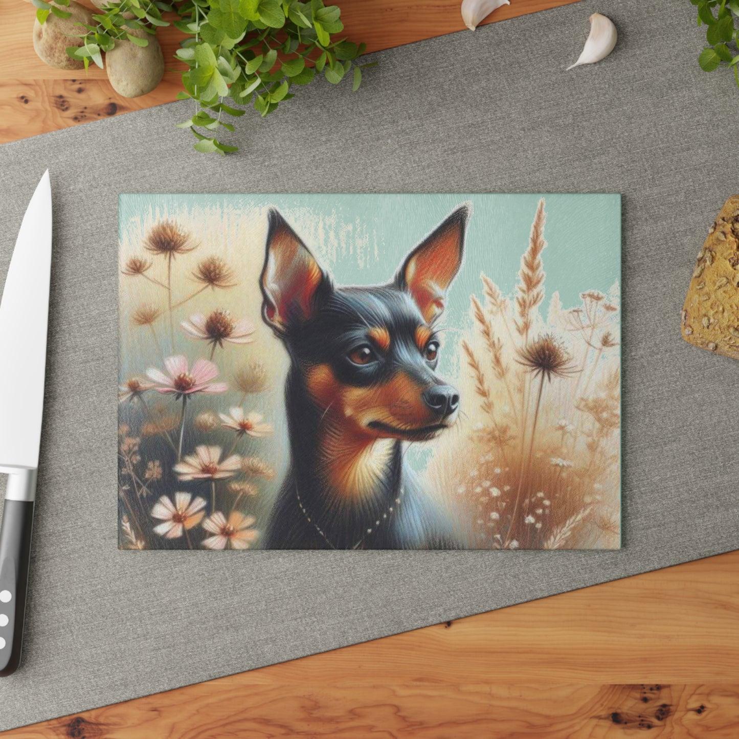🐾 Miniature Pinscher & Meadow Blooms Cutting Board – Sophisticated Charm for Your Kitchen 🌸