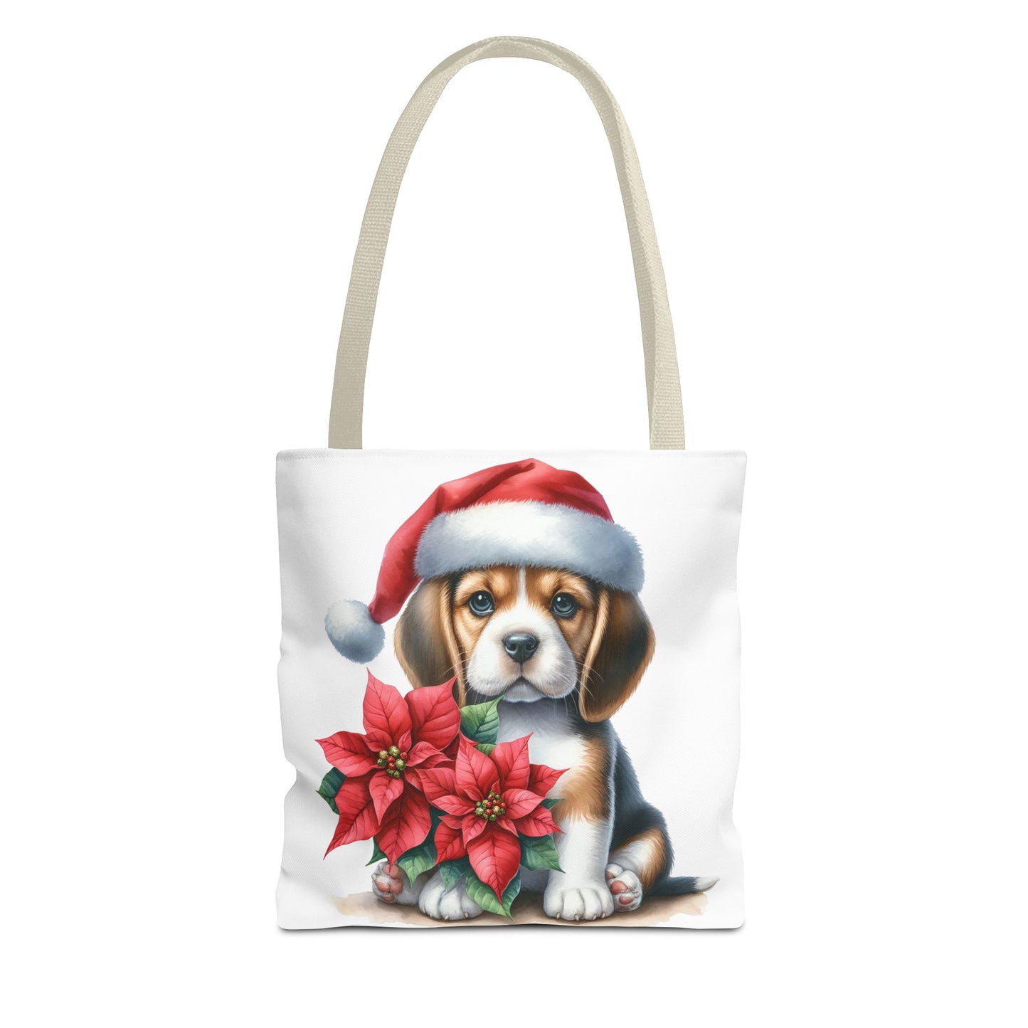 🐶 Beagle Puppy & Poinsettia Christmas Tote Bag – Sweet Holiday Charm in Every Step 🎄