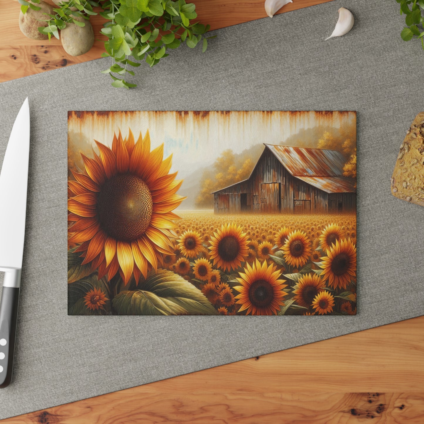 🌻🏡 Rustic Sunflower Barn Cutting Board – Timeless Farmhouse Elegance for Your Kitchen 🌾