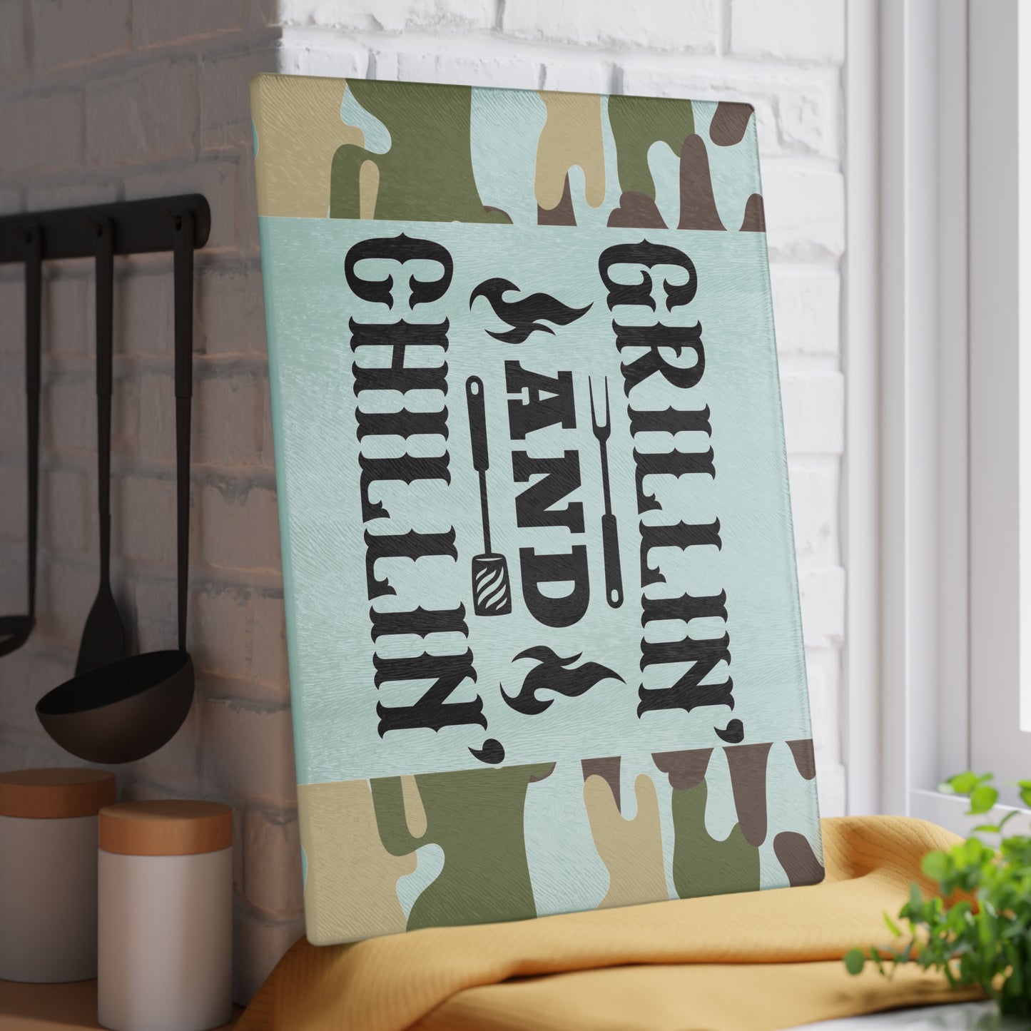 Tabla de cortar de vidrio GRILLIN AND CHILLIN – Estilo camuflaje para preparar barbacoa 🍔