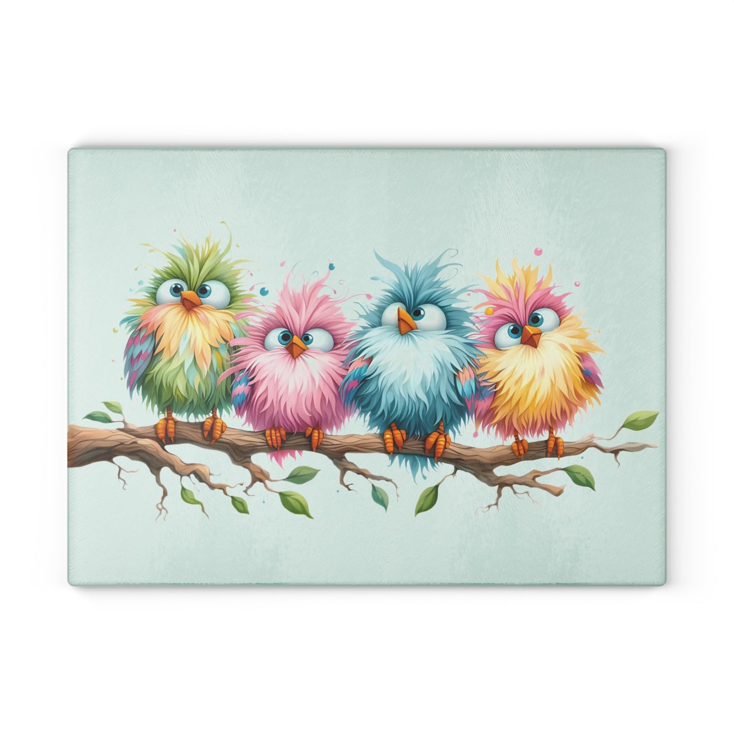 Tabla de cortar - Diseño pastel de pájaros esponjosos - Rosa rosa única en un campo de margaritas, Regalo único, Tabla de cortar de vidrio, Tabla de charcutería, Tabla de cortar personalizada, Flores