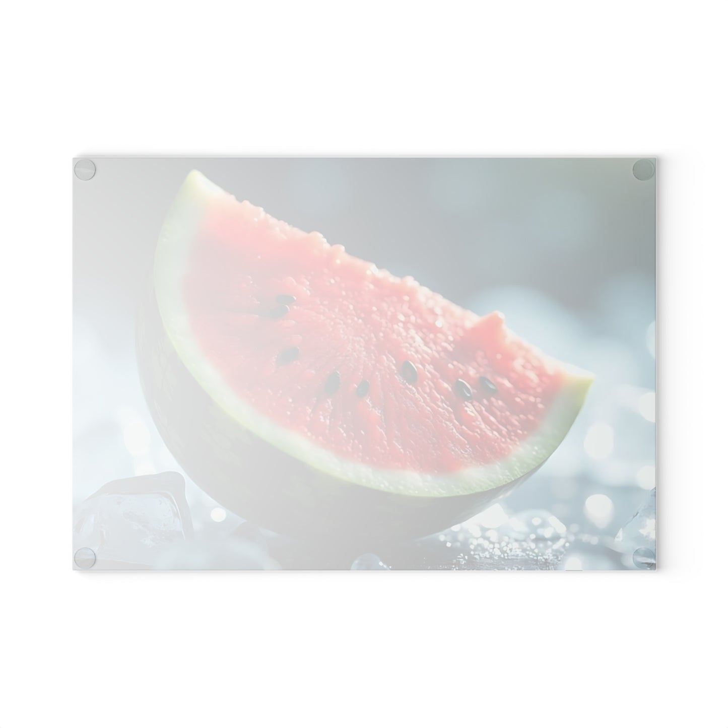 Tabla de cortar de vidrio con rodajas de sandía sobre hielo: una refrescante decoración de cocina de verano, un vibrante regalo con temática frutal.