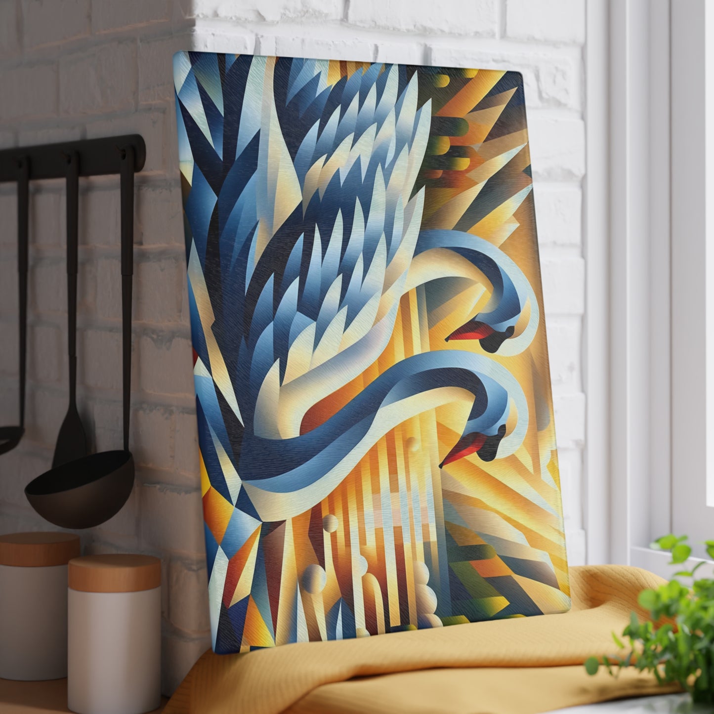 Two Cubist Swans Glass Cutting Board – Artistic River Scene