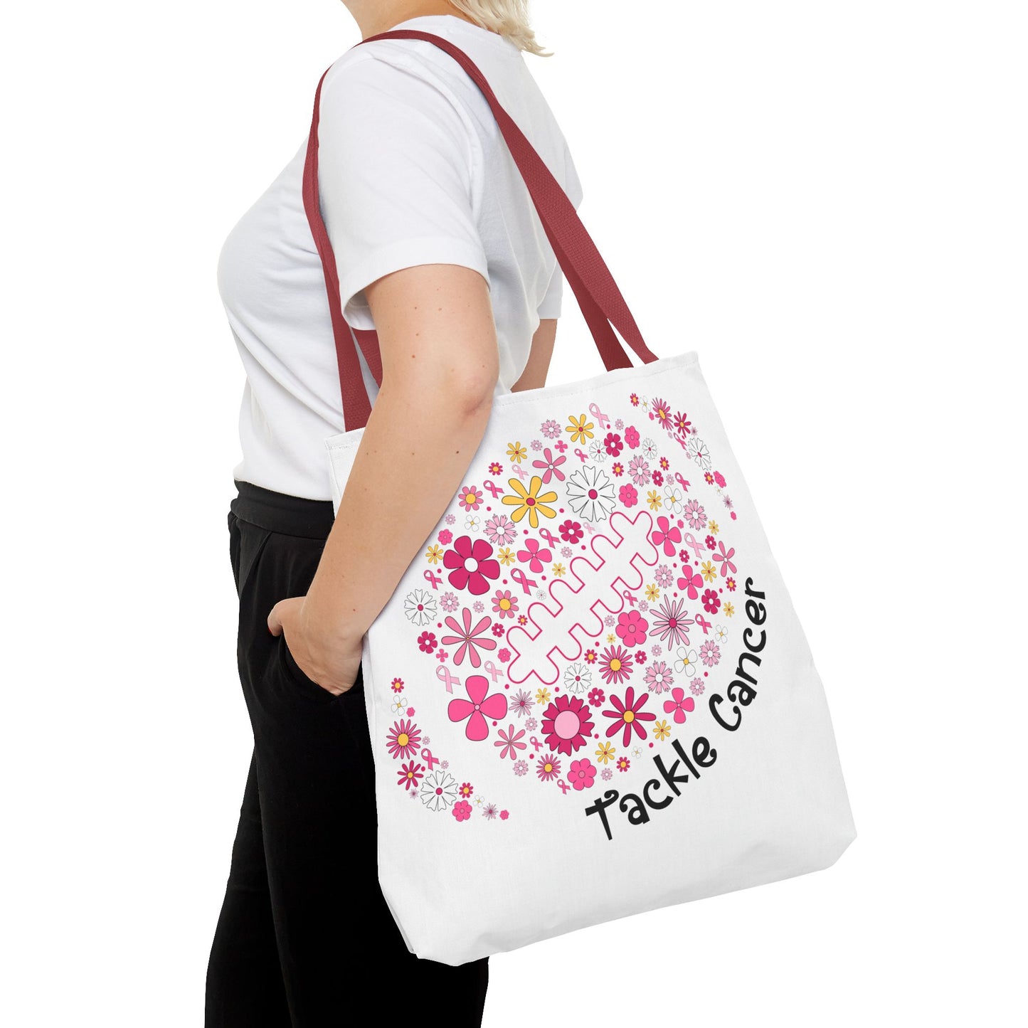๐ธ Pink Floral Football Tote Bag โ Game Day Meets Breast Cancer Awareness ๐๐