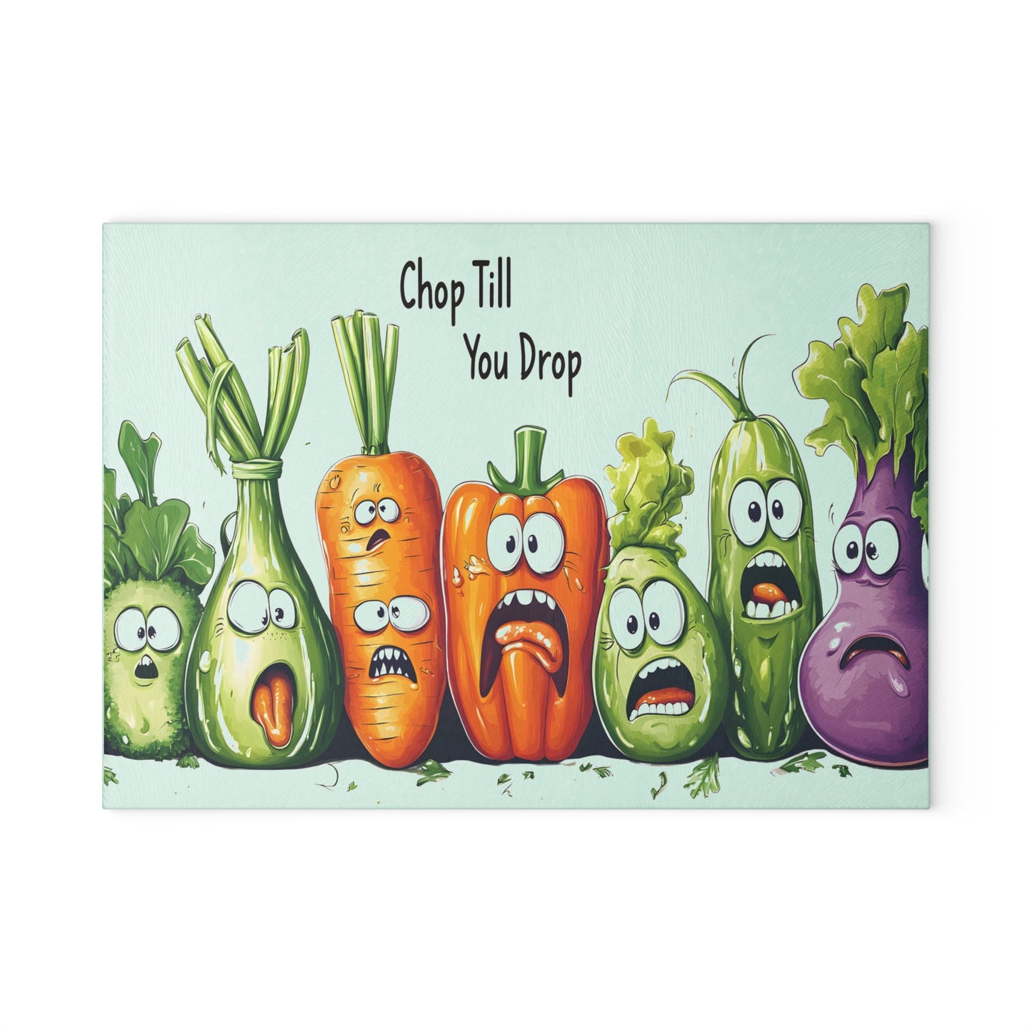 Tabla de cortar de vidrio “Chop Till You Drop” – Verduras que gritan y humor negro de cocina 😱🍅