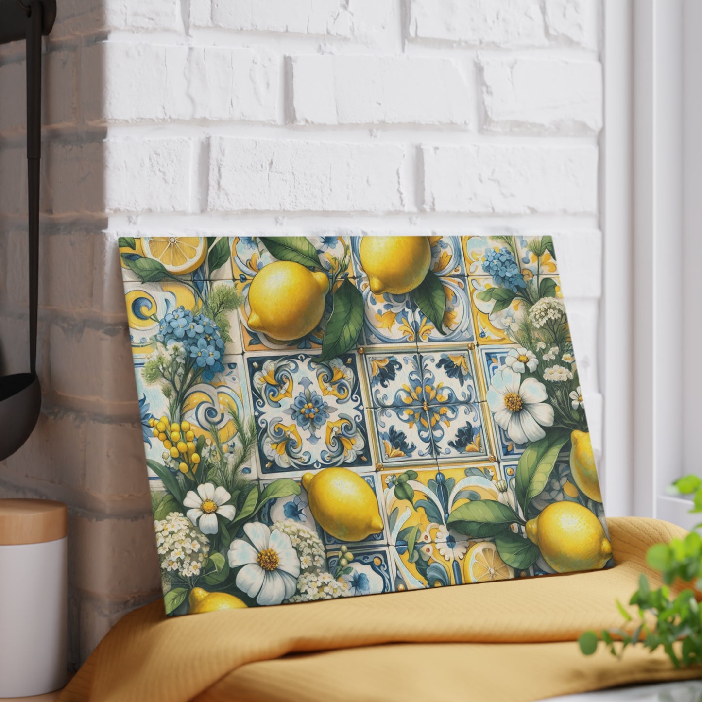 🍋🌼 Lemon Tile Floral Cutting Board – Mediterranean Charm for Your Kitchen 🌸🍋
