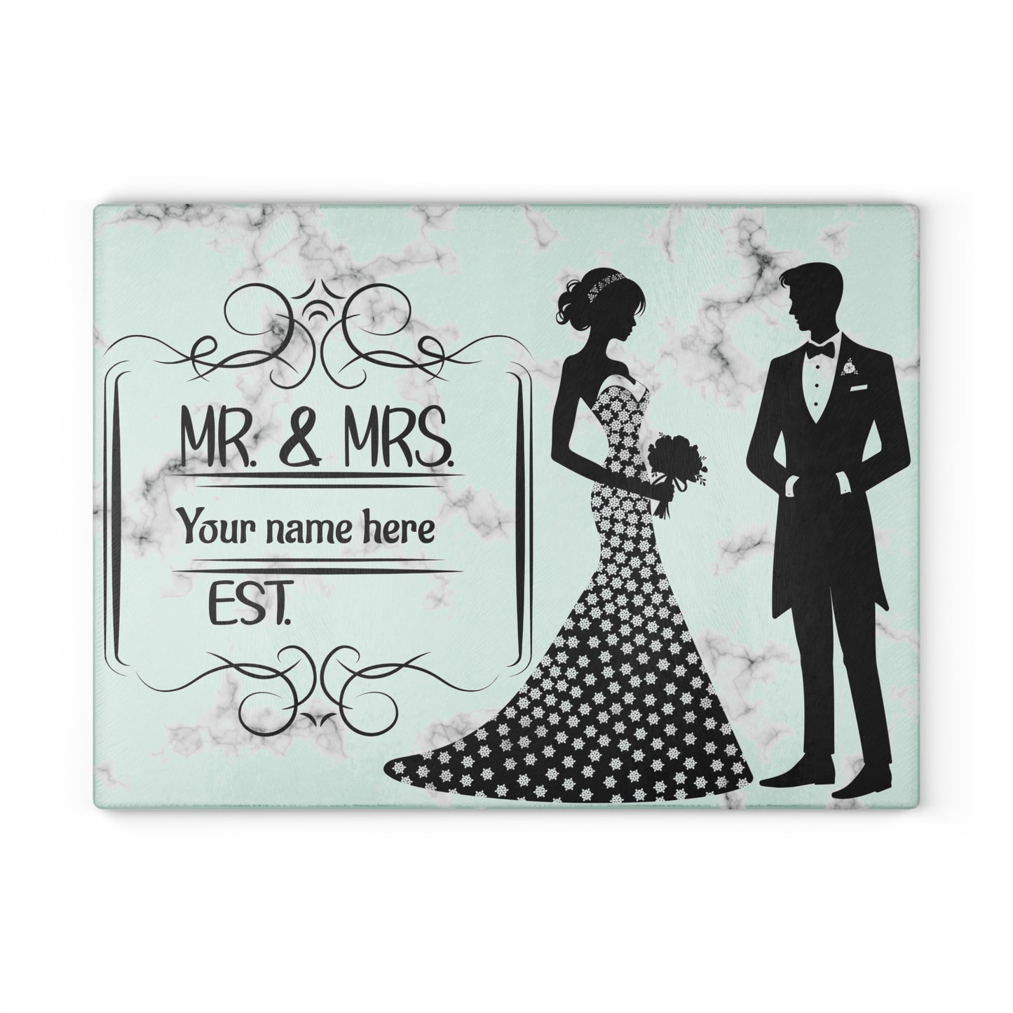 👰♀️ Elegante tabla de cortar de mármol para bodas de Sr. y Sra.: regalo personalizado para pareja con apellido y año
