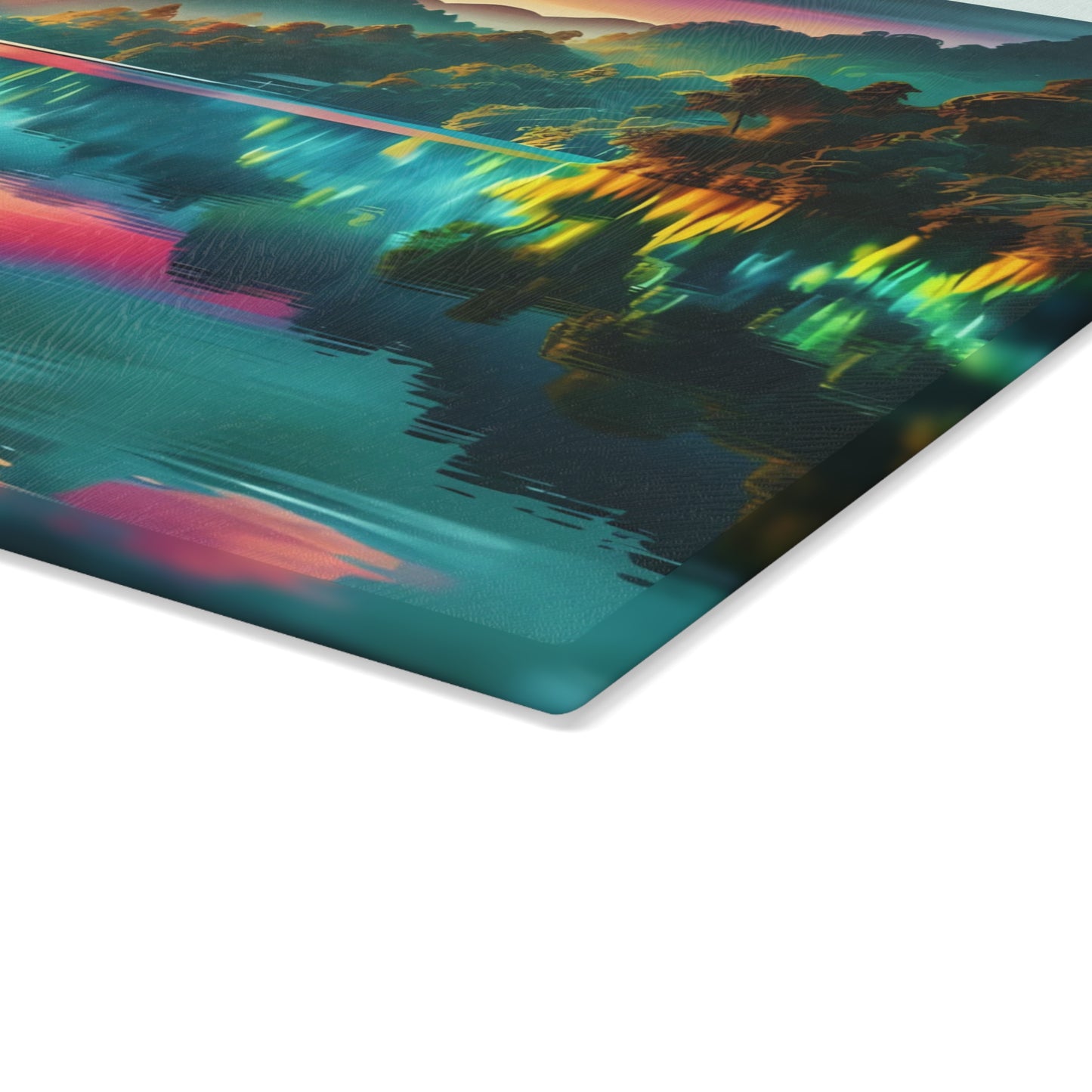 Tabla de cortar de vidrio con brillo de atardecer en la jungla: un escape tropical vibrante para tu cocina