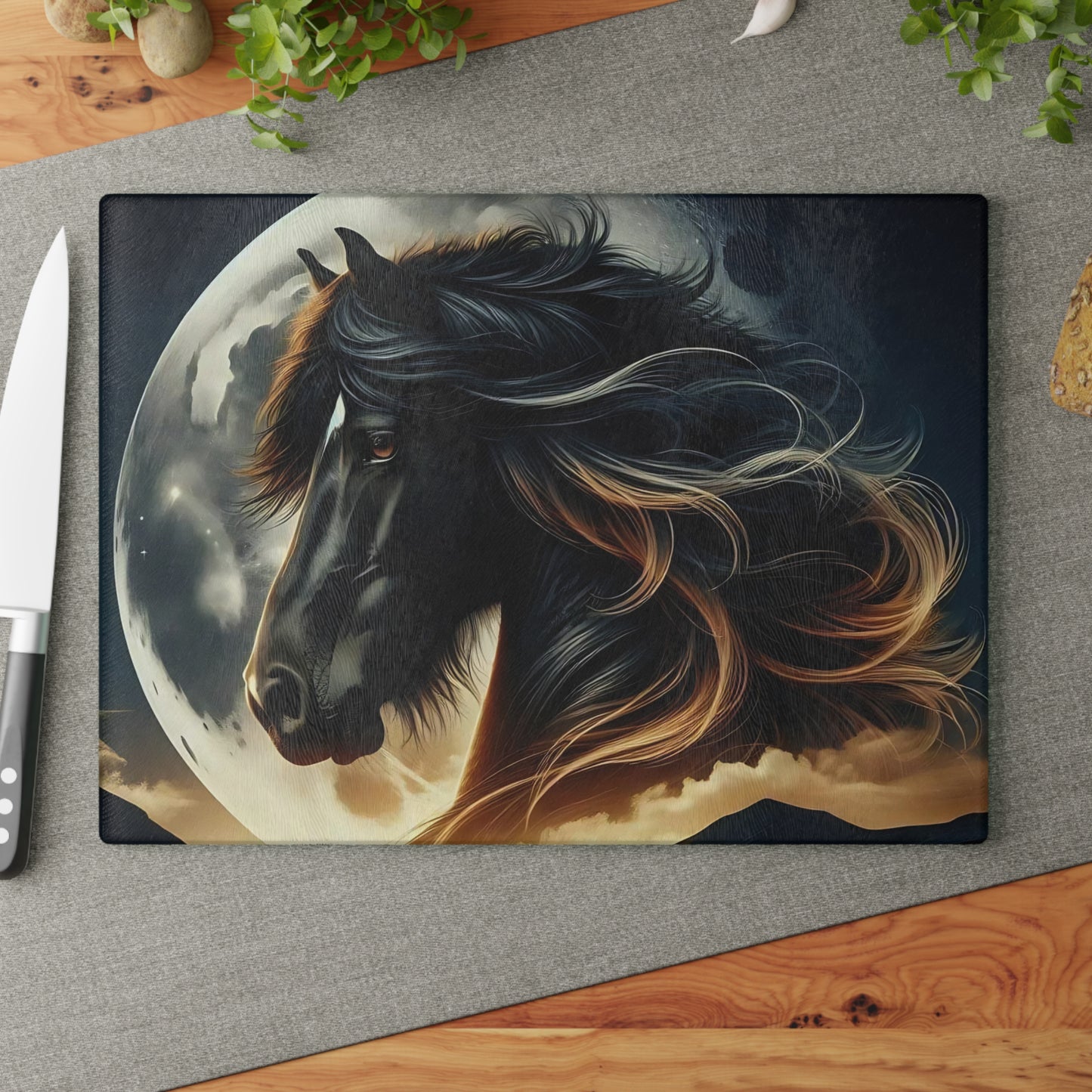 🖤 Majestic Horse Moonlight Cutting Board – Striking Black Stallion Kitchen Art