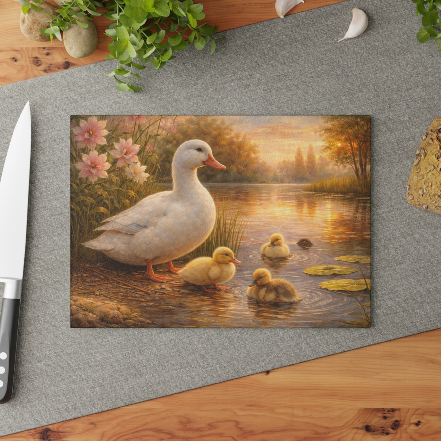 Mother Duck & Ducklings Peaceful Pond Glass Cutting Board – Cottage Nature Kitchen Art