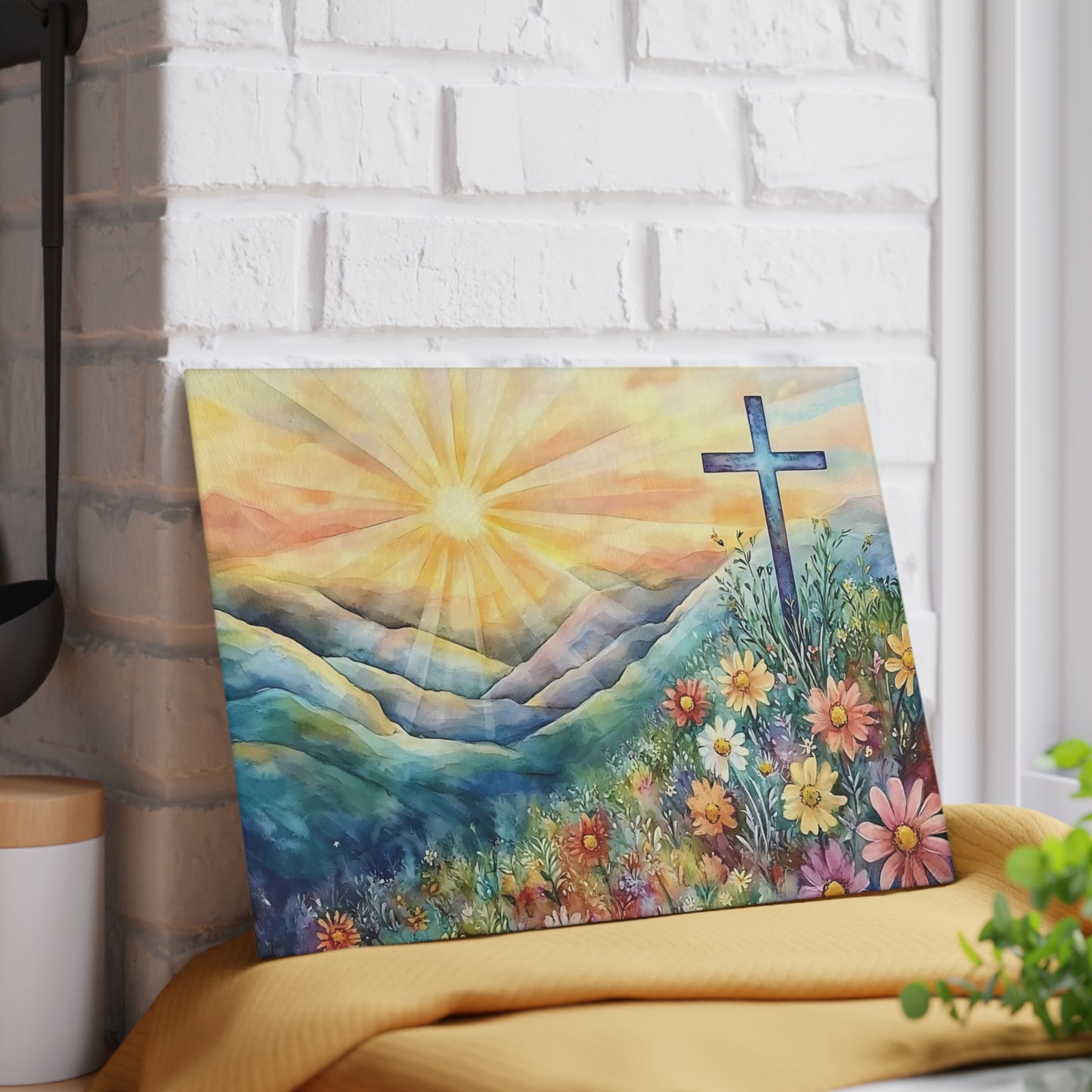 🌄🌸 Sunrise Mountain Cross Cutting Board – Peaceful Faith Kitchen Décor with Florals & Radiant Light ✝️✨