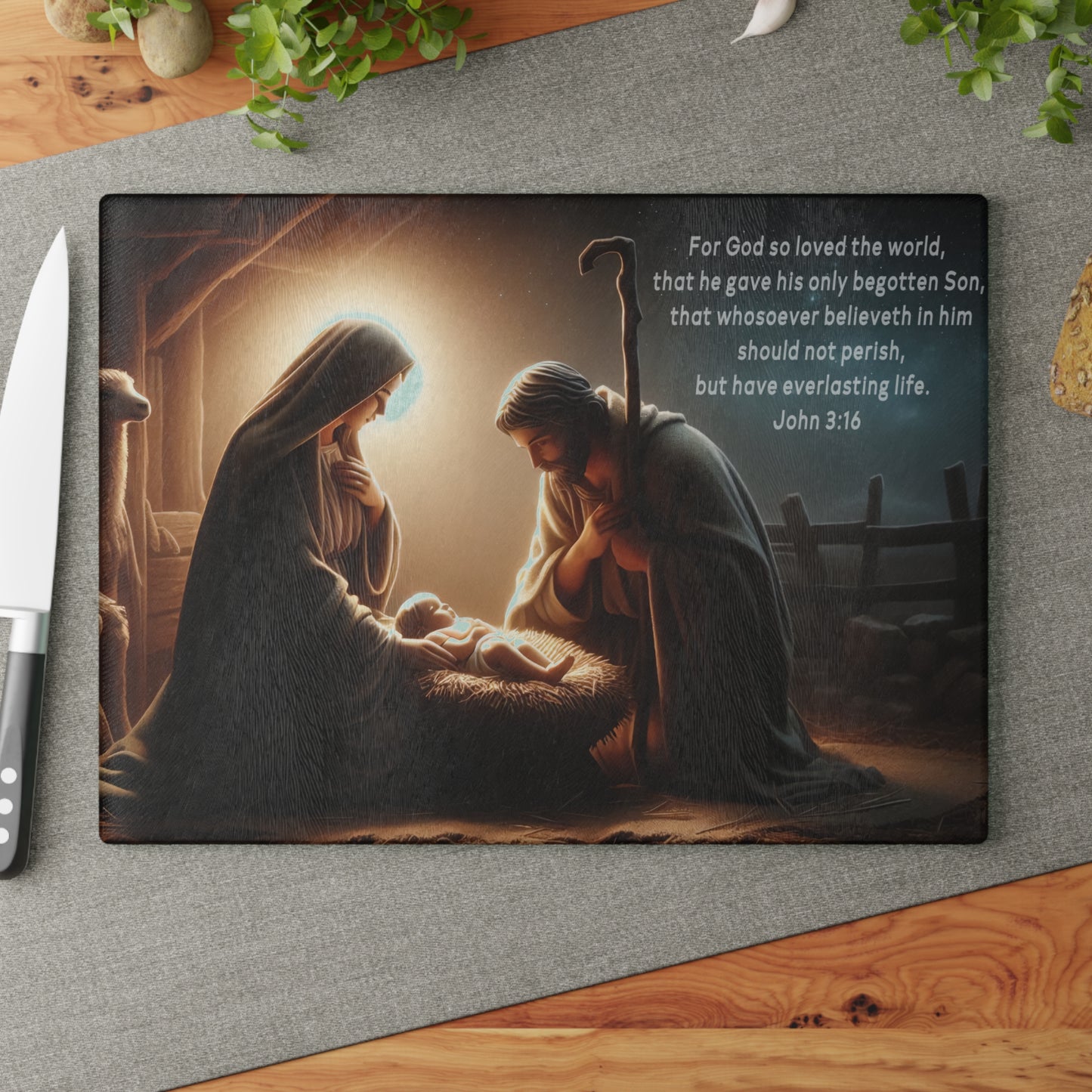 🌟🙏 Nativity Scene Cutting Board – John 3:16 Christmas Kitchen Décor ✝️✨