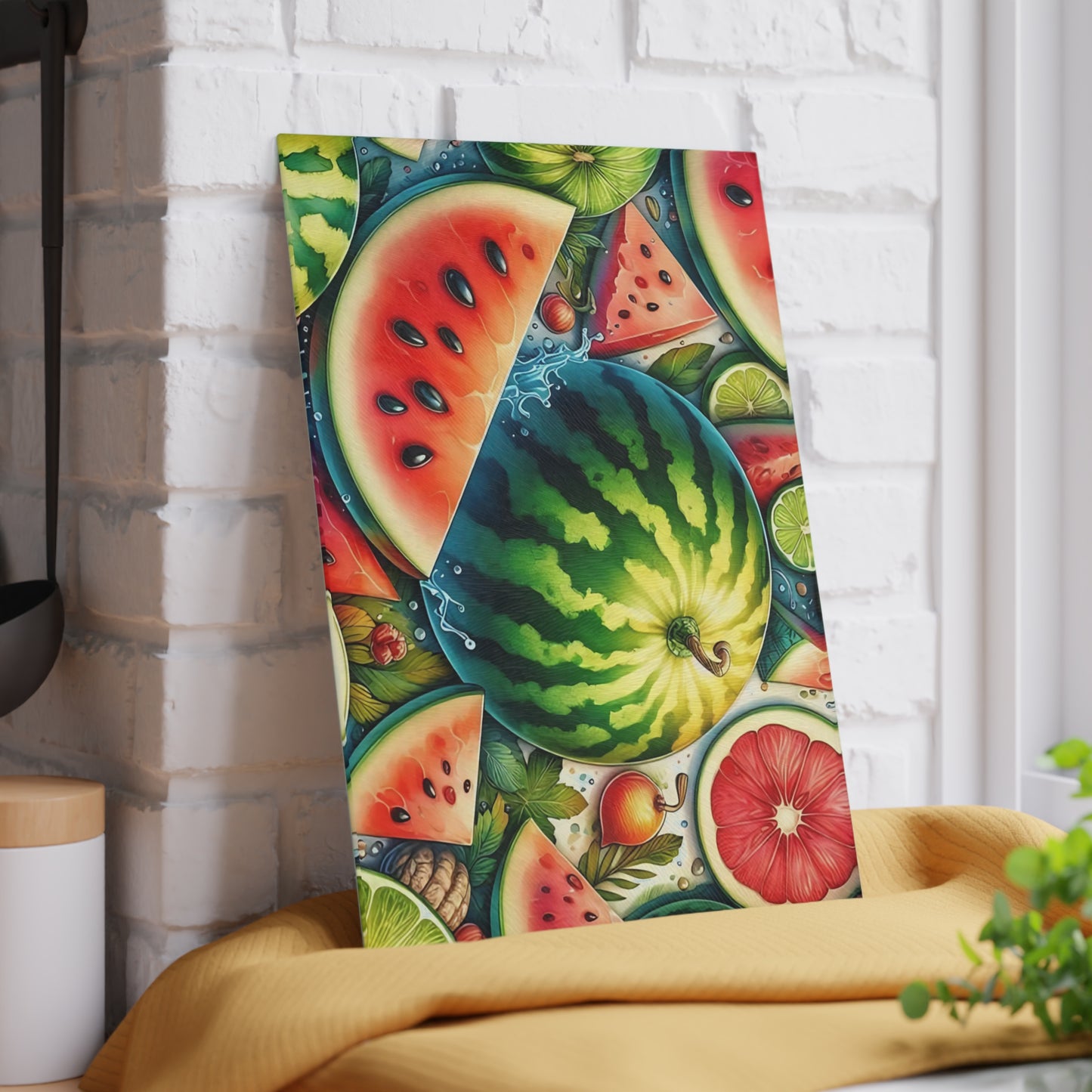 Tabla de cortar de vidrio con sandía jugosa: un dulce ambiente de cocina de verano