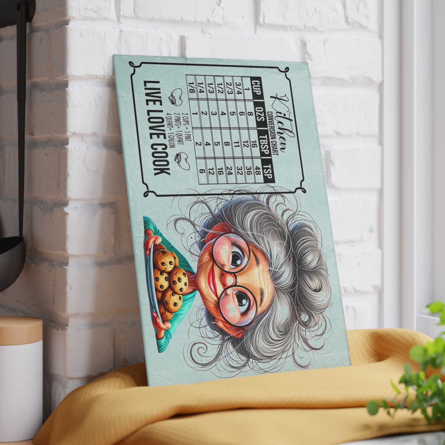 Tabla de cortar para cocina "Vive, ama y cocina": diseño original de abuela y gráfico de galletas