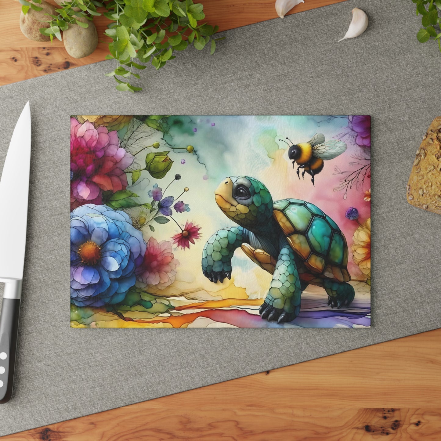 Tortoise & Bee Glass Cutting Board – Floral Wildlife Kitchen Decor