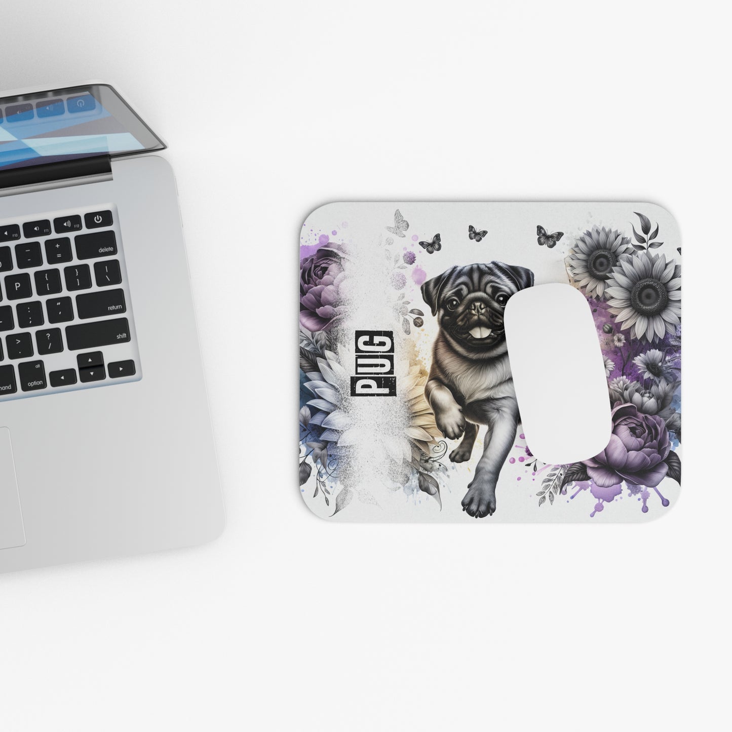 ๐ฑ๏ธ๐พ๐ค Pug Mouse Pad โ Playful Pug with Monochrome Florals & Purple Accents