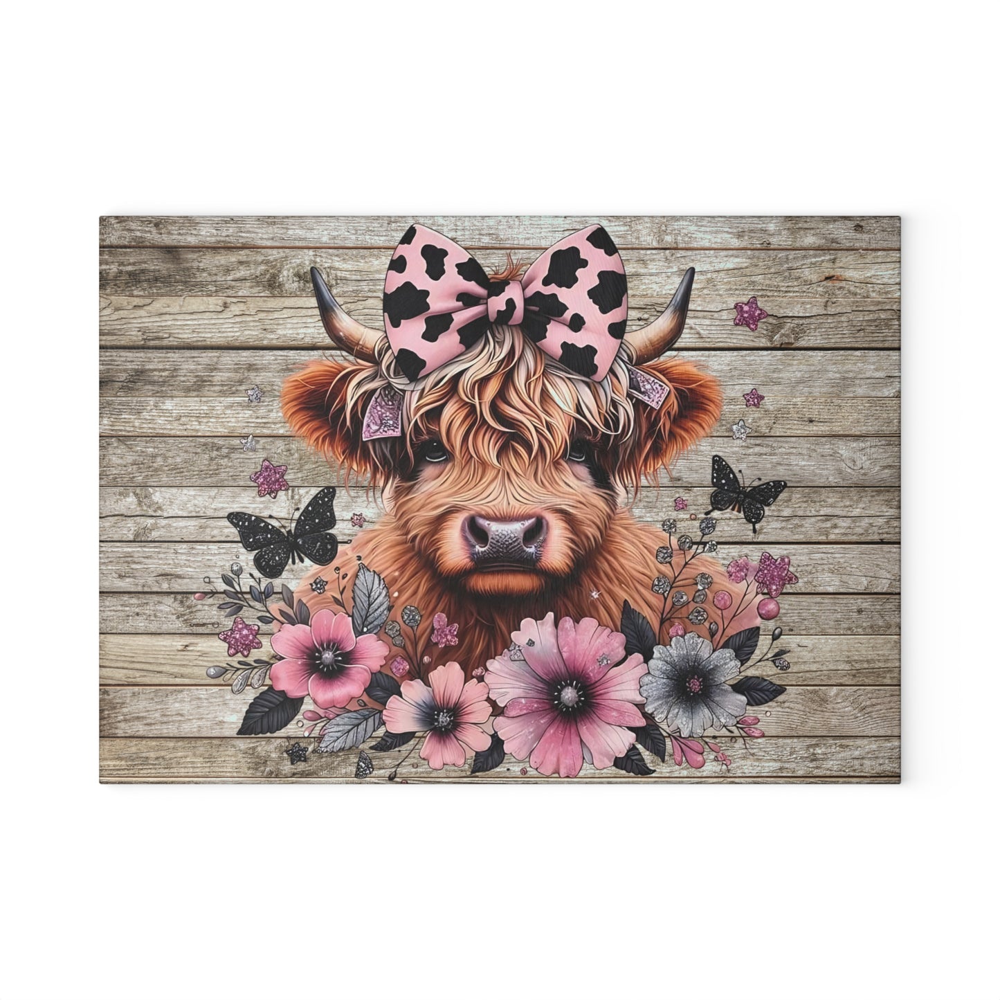 🐮 Pink Bow Highland Cow Cutting Board – Rustic Farmhouse Charm Meets Floral Elegance 🌸