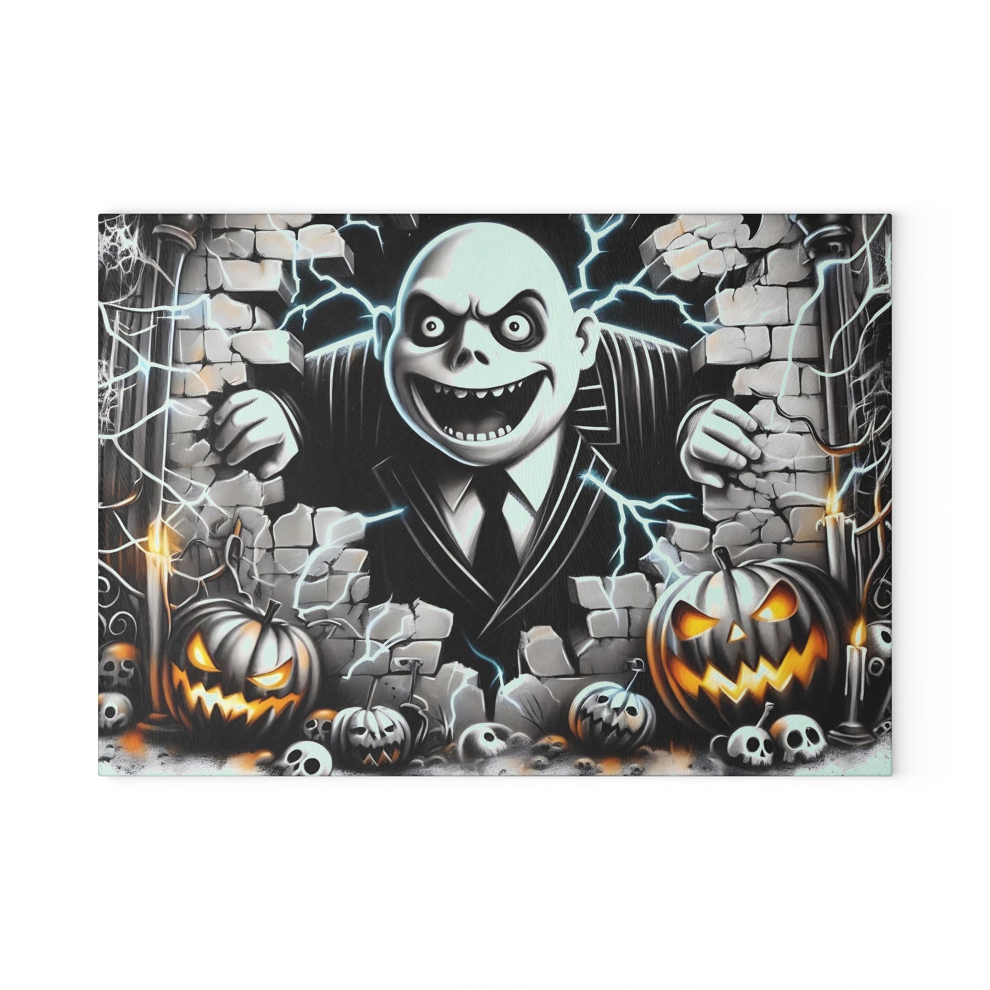 🎃 Haunting Brick Wall Villain Cutting Board – Electric Scare & Pumpkin Glow Kitchen Horror 💀⚡