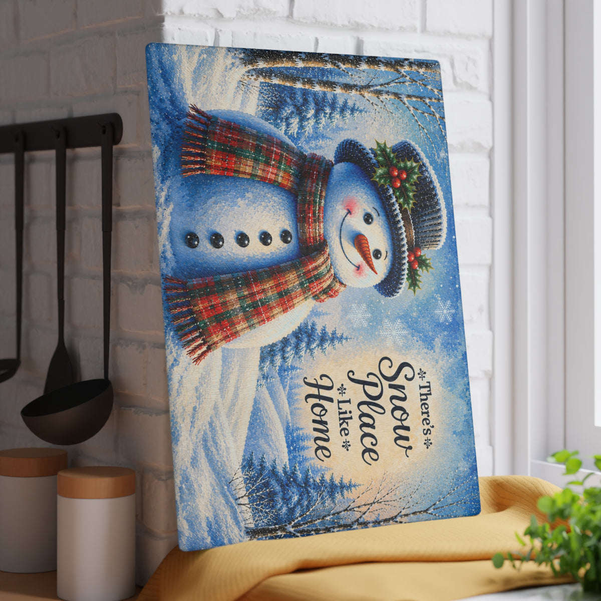 There’s Snow Place Like Home Snowman Glass Cutting Board – Red & Green Plaid Winter Kitchen Decor
