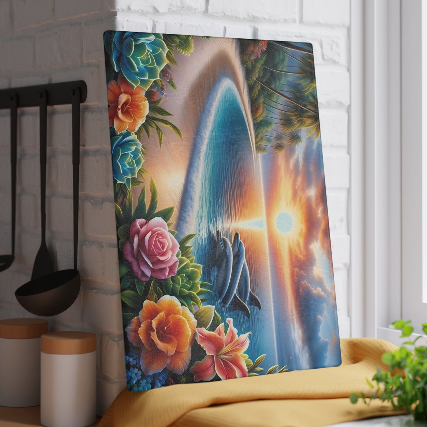 Tabla de cortar con diseño de delfín, vidrio templado con vibrantes escenas de delfines, regalo para chef, regalo para ella, regalo de boda o inauguración de la casa.