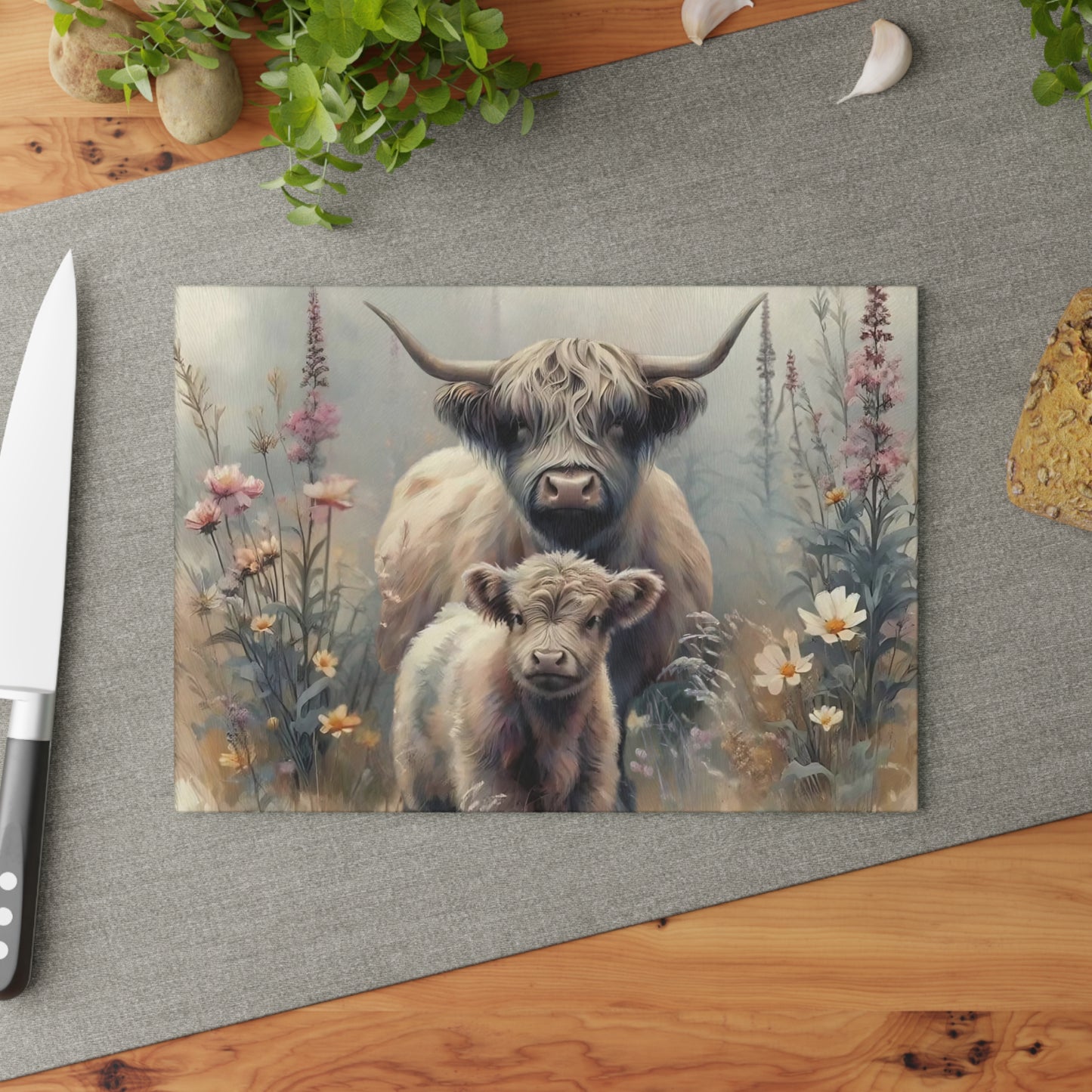 Tabla de cortar de vidrio templado con vaca y bebé de las Highlands