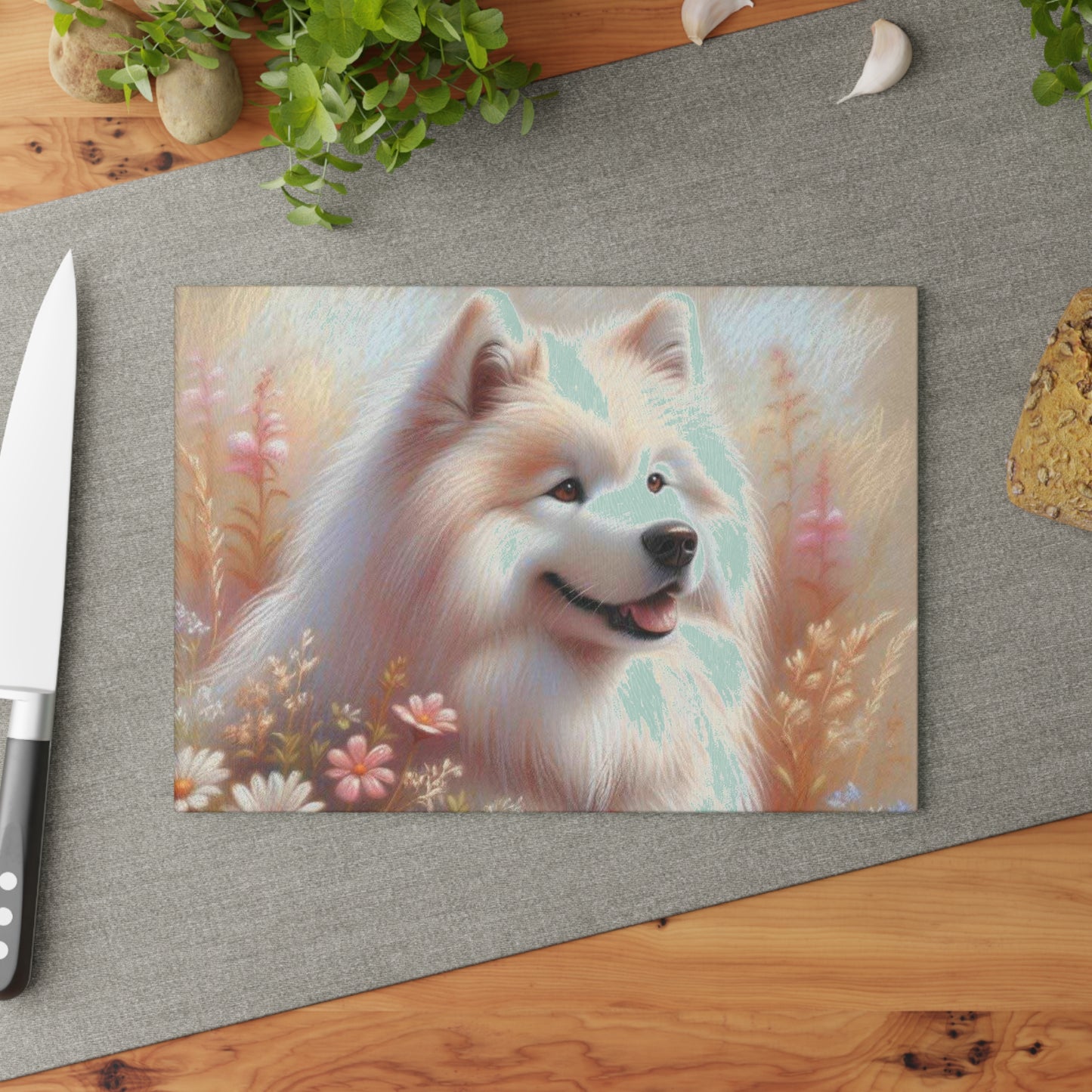🐶 Samoyed Meadow Bloom Cutting Board – Fluffy White Charm for Your Kitchen 🌸