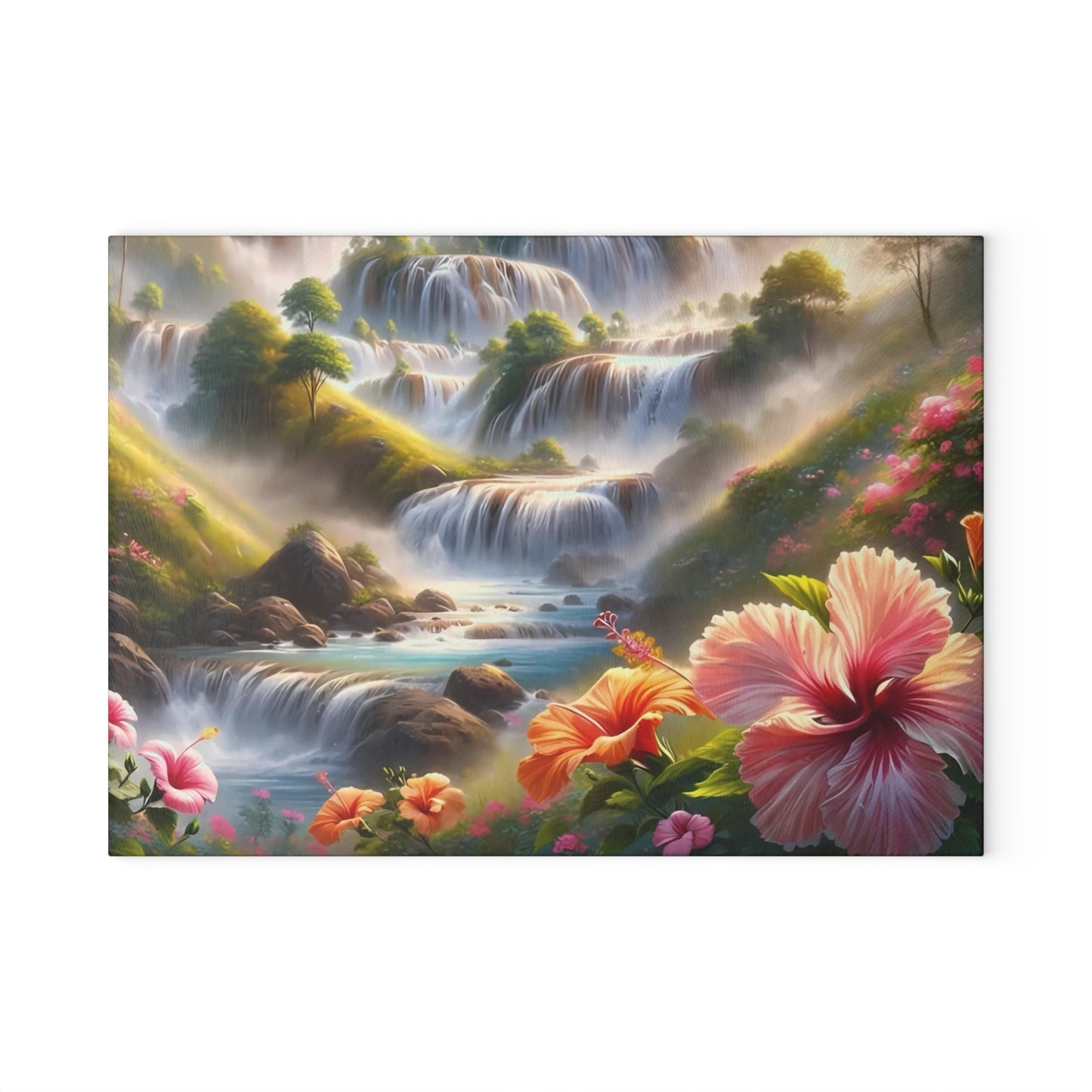 Tabla de cortar de vidrio Cascading Dreams: un paisaje floral encantado para amantes de la naturaleza