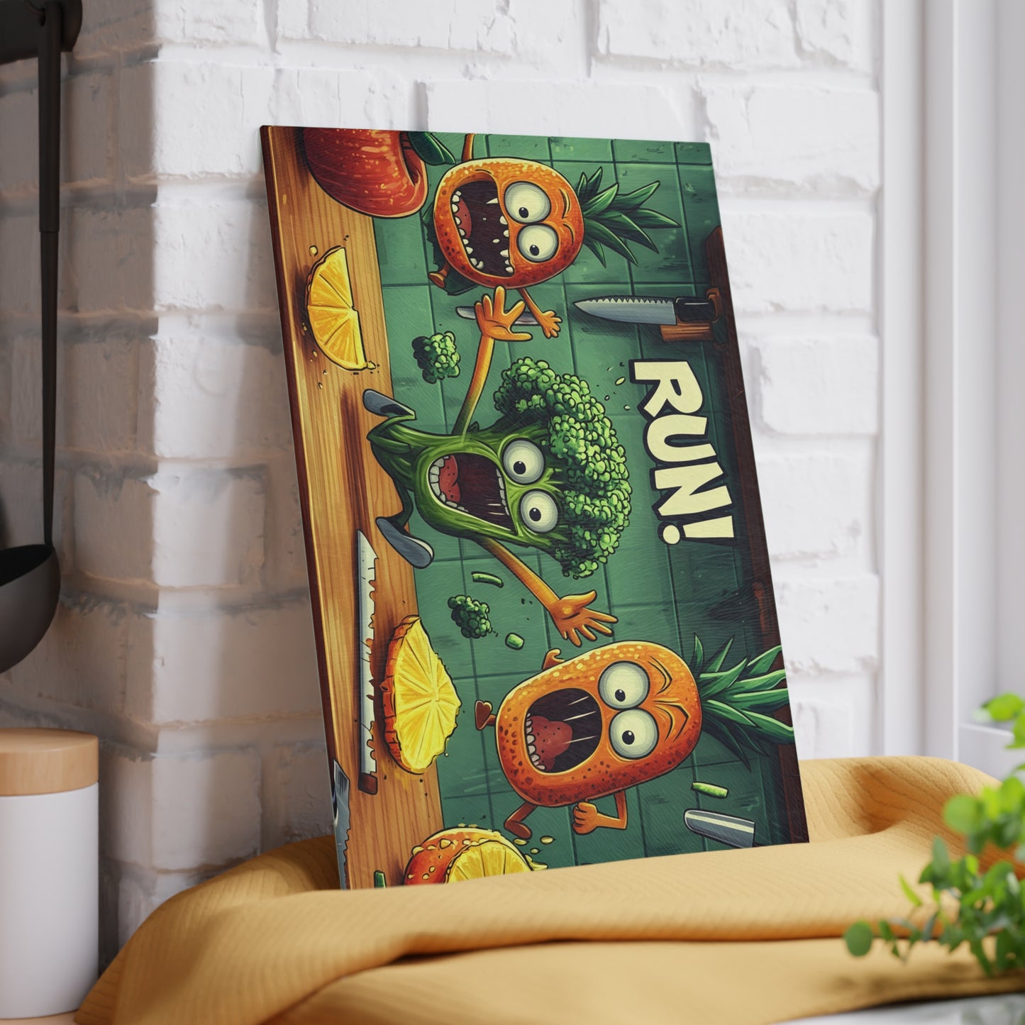 Tabla de cortar de vidrio "¡CORRE!" - Decoración de cocina de humor de Scared Veggies 😱🔪