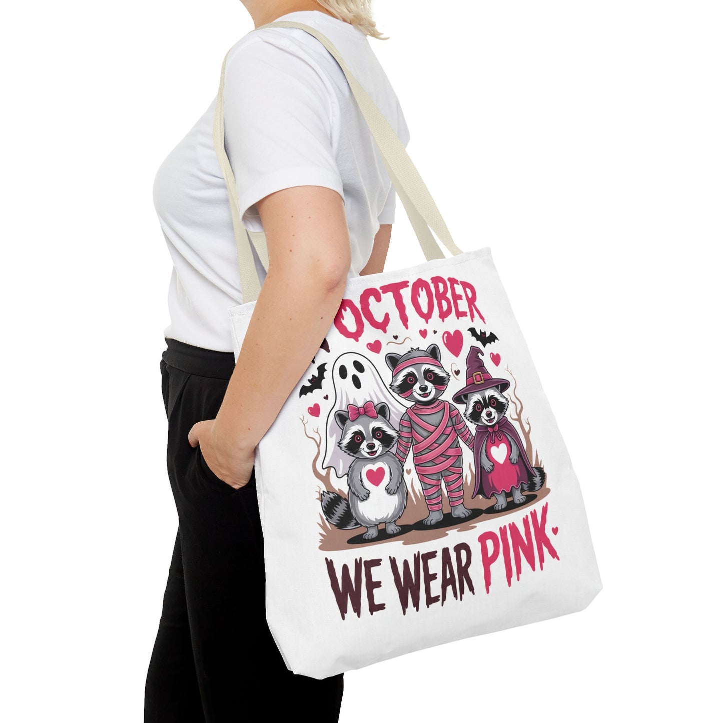 🎀 In October We Wear Pink Raccoon Halloween Tote Bag – Spooky Cute Awareness Style 🦝👜