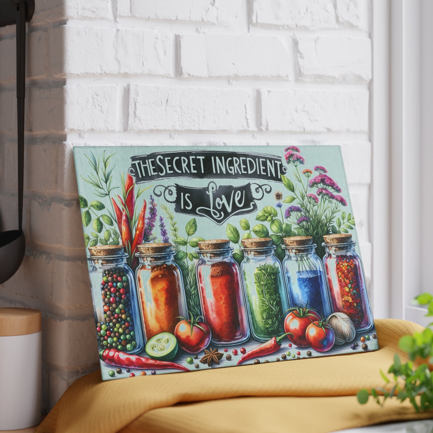 🌿 The Secret Ingredient Is Love Cutting Board – Colorful Herbs & Spices with Farmhouse Charm 🍅💚
