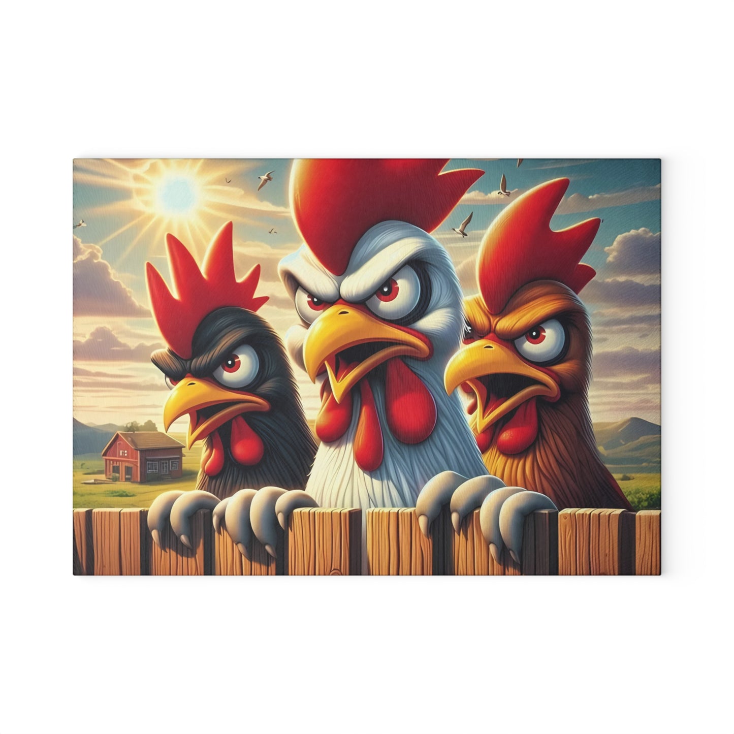 🐔 Three Angry Chickens Glass Cutting Board – Funny Farmhouse Kitchen Decor