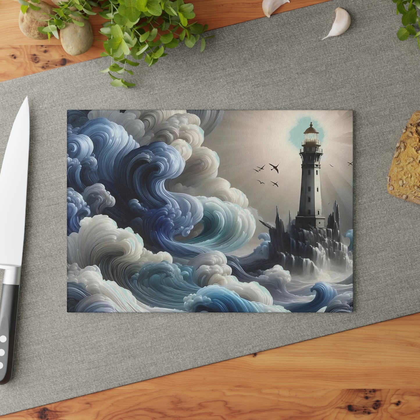 Tabla de cortar con diseño de faro, tabla de charcutería, tabla de cortar única, tabla de cortar de vidrio templado, regalo de inauguración de la casa, tabla de cortar personalizada