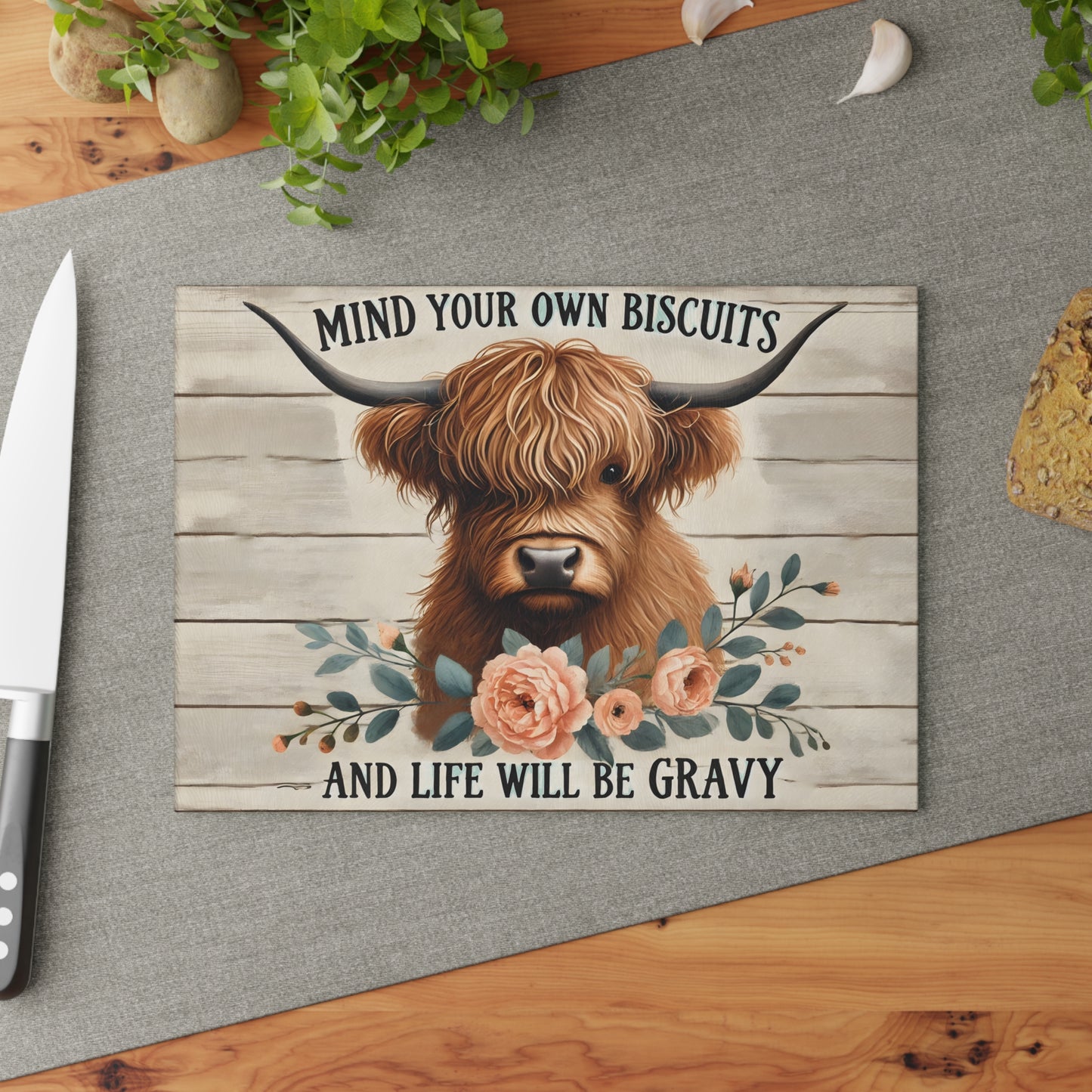 🐮 “Mind Your Own Biscuits” Cutting Board – Bold Florals & Southern Sass for Your Kitchen
