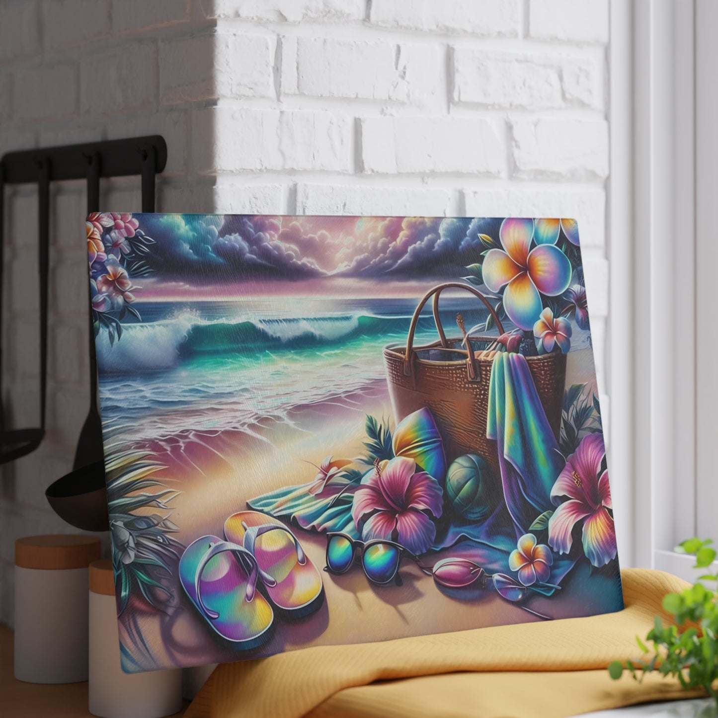 Tabla de cortar de vidrio "Día de Playa Tropical" - Decoración de cocina con ambiente veraniego, decoración costera, arte oceánico, regalo playero, tabla de cortar de vidrio, decoración de cocina tropical, aspecto pintado a mano, escena playera