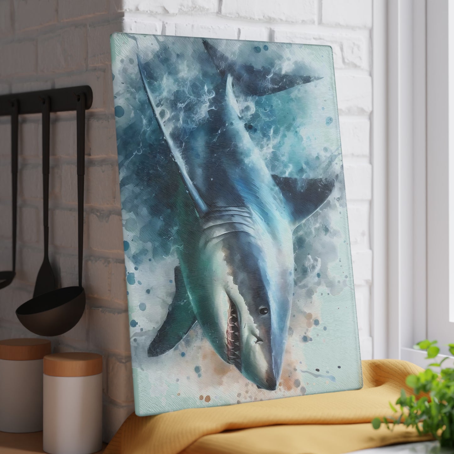 Shark kitchen decor, ocean theme cutting board, shark gift idea, shark lover gift, shark-themed gift, unique cutting board
