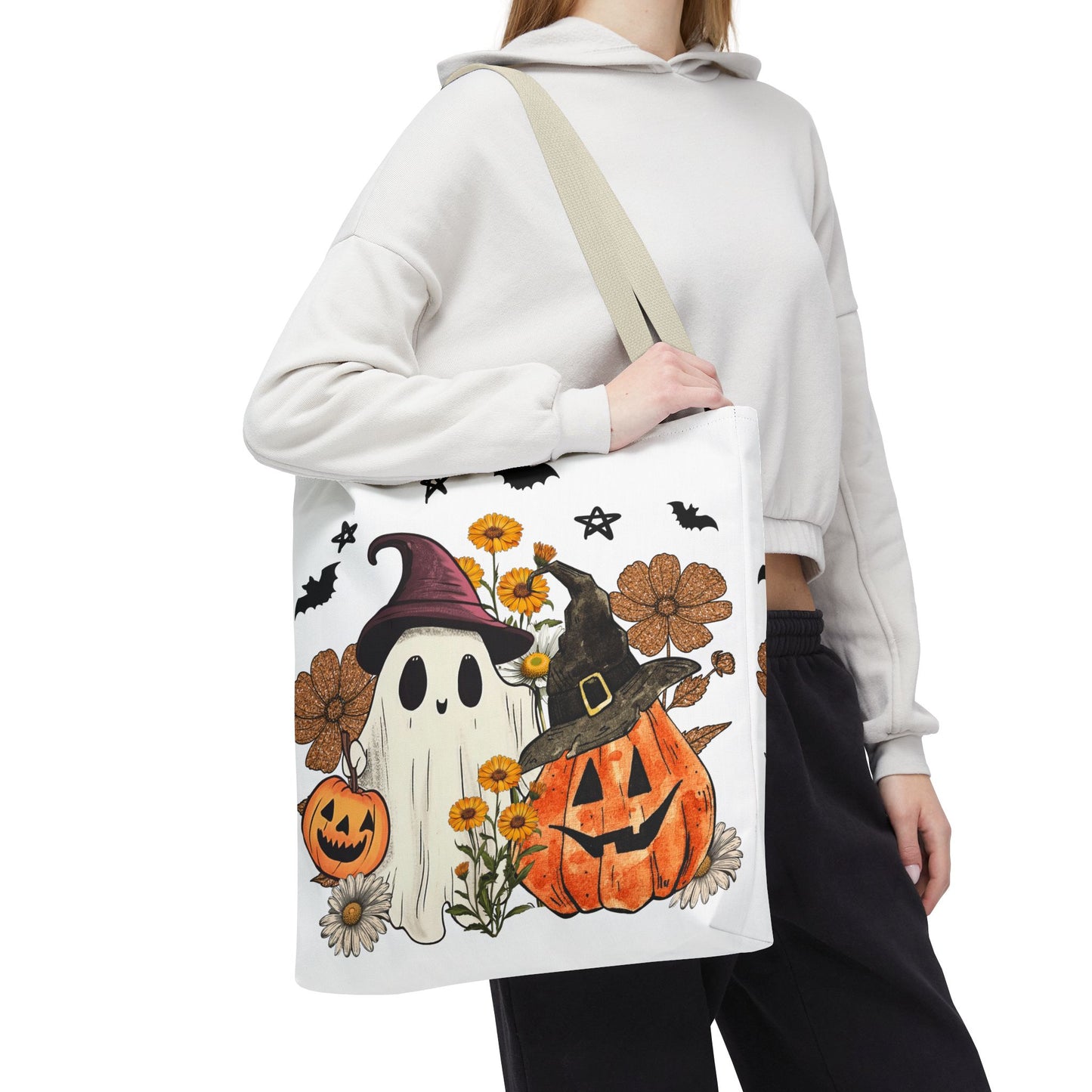 🎃 Ghost & Pumpkin Floral Tote Bag – Whimsical Halloween Charm 👻👜