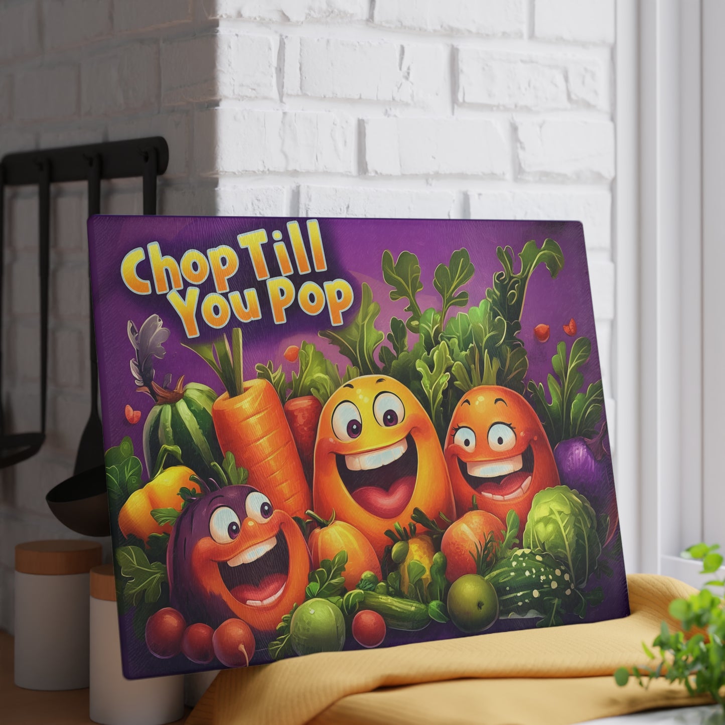 Tabla de cortar de vidrio "Chop Till You Pop" – Humor de cocina de verduras que ríen 😂🍅